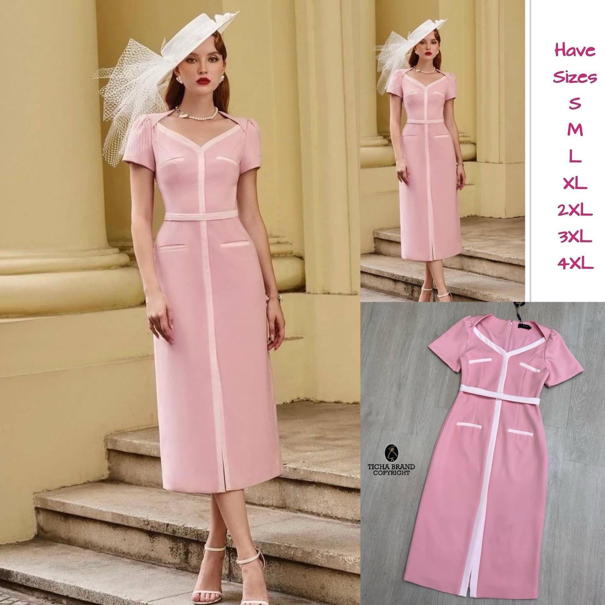 เดรสชมพูคอวีแขนสั้น ดีไซน์สวยหรู เย็บแต่งกุ๊นชมพูอ่อนตีเกร็ด ยาวด้านหน้า ใส่สบาย สินค้าคุณภาพ (พร้อมส่ง)