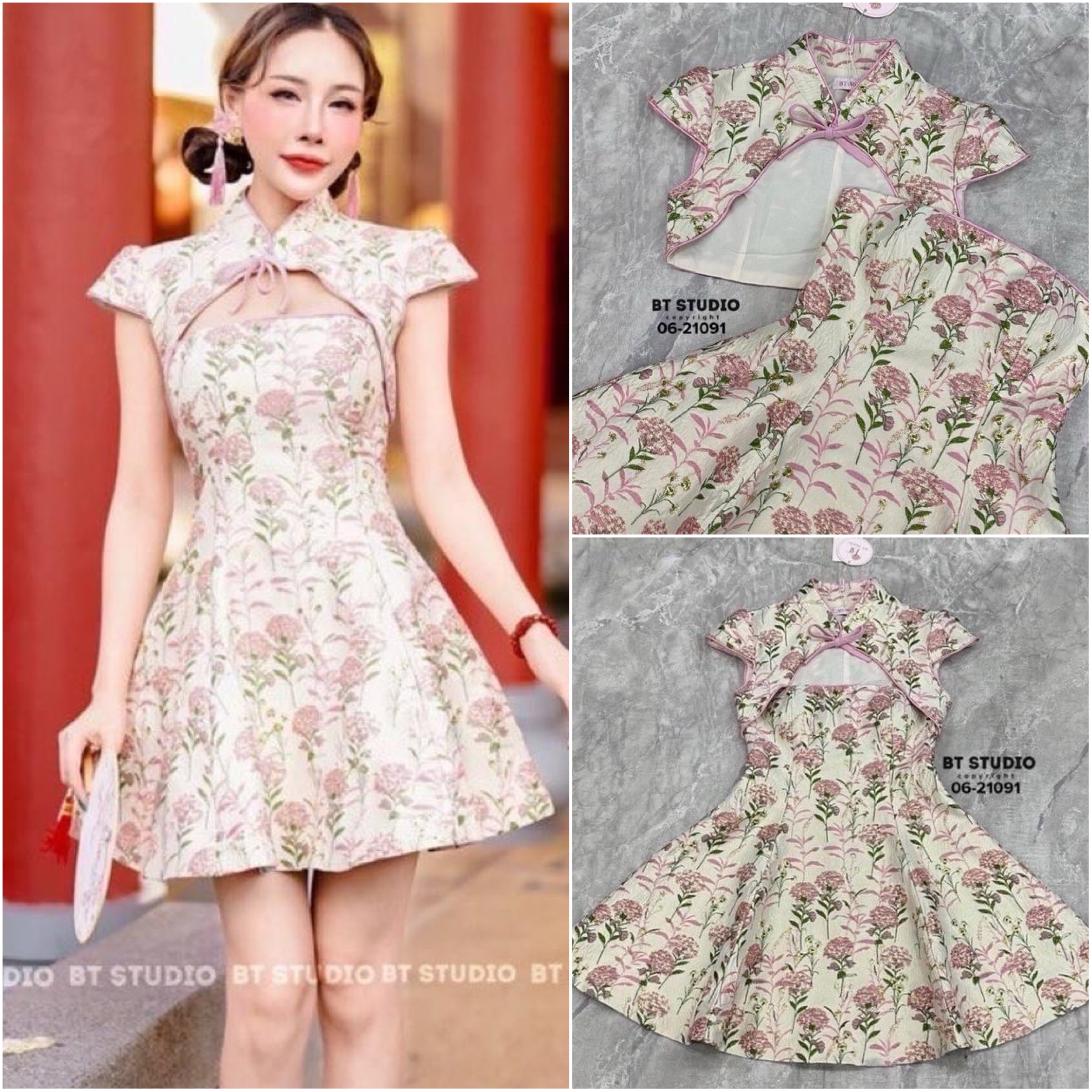 ชุดเซท 2 ชิ้น เดรสสั้นเกาะอก อกเอวเข้ารูป กระโปรงบานออก ช่วงอกเสริมฟองน้ำ แต่งเสื้อคลุม ตัวสั้นแขนสั้นคอจีนแต่งโบตรงกลาง ผ้าทอลายในตัวมีซับใน ใส่สบาย สินค้าคุณภาพ (พร้อมส่ง)