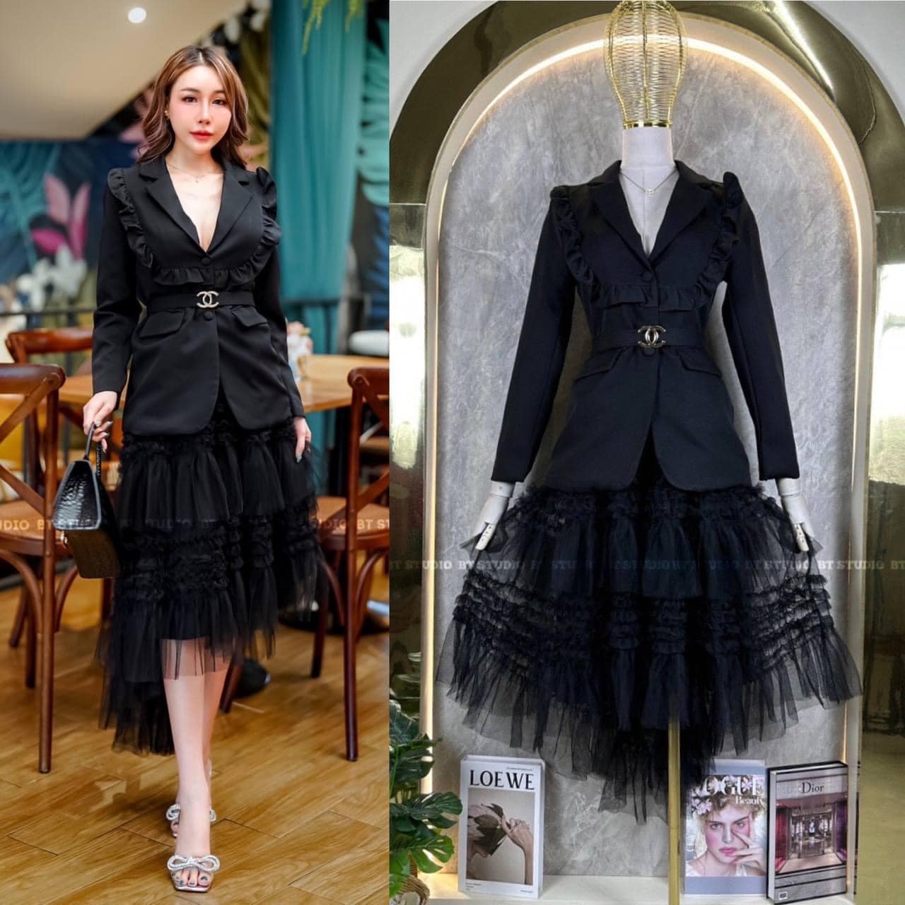 เซท 3 ชิ้น เสื้อเบเซอร์คอปกแขนยาว ช่วงอกแต่งระบายหยัก กระเป๋าเสื้อใช้งานได้จริง มาพร้อมเข็มขัดสีเดียวกันกับชุด หัวเข็มขัดสีทอง แมทซ์กับกระโปรงมุ้งแต่งระบายเป็นชั้น สินค้าคุณภาพ (พร้อมส่ง)