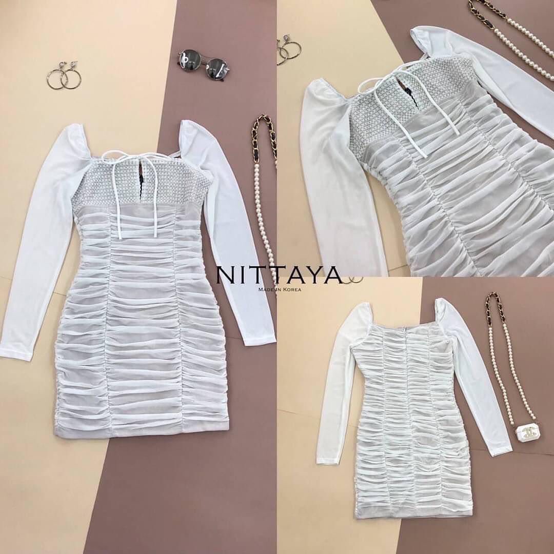 เดรสแขนยาวผ้านิ่ม ช่วงอกแต่งผ้าตะข่าย มีเพชรระยิบ เบาๆ ช่วงล่างผ้าจับย่น สินค้าคุณภาพ (พร้อมส่ง)