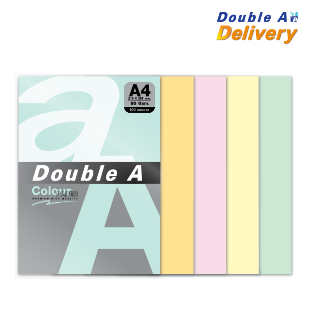 กระดาษสี Double A 80 แกรม แพ็ค 100 แผ่น คละ 5 สี พาสเทล (สีฟ้า, ส้ม, ชมพู, เหลือง, เขียว)