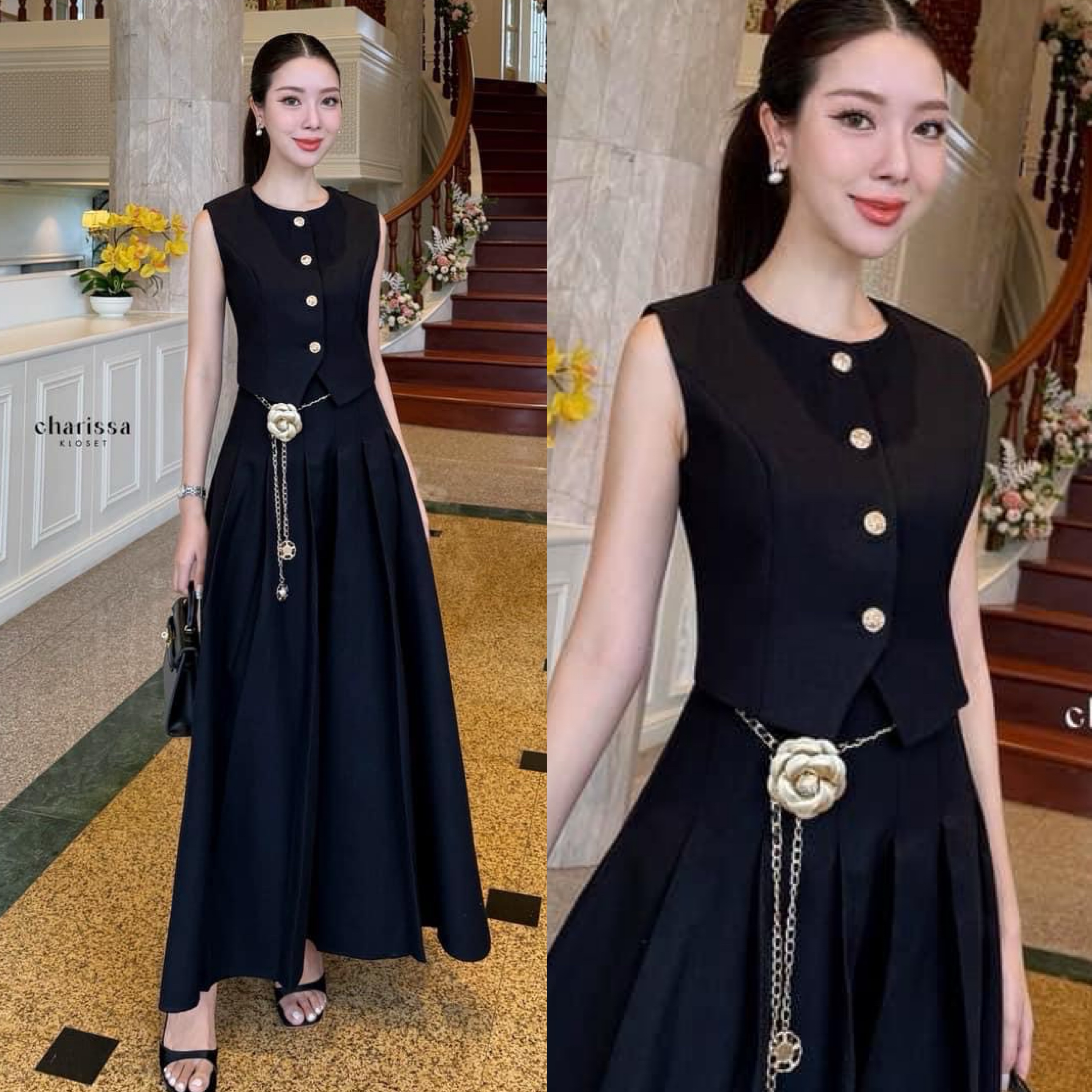 เซ็ท 4 ชิ้น เสื้อ Vest+กระโปรงยาว+เข็มขัดโซ่+เข็มกลัดดอกไม้ ใส่สบาย : สินค้าคุณภาพ (พร้อมส่ง)