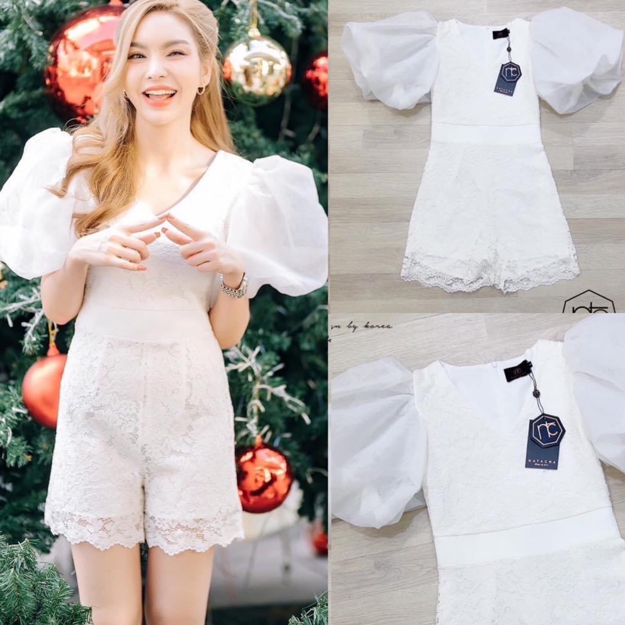 จั้มสูทลูกไม้แขนพองบอลลูน ใช้ผ้าแก้วซ้อน3ชั้น เนื้อลูกไม้นิ่มรอง ซับใน สินค้าคุณภาพ (พร้อมส่ง)