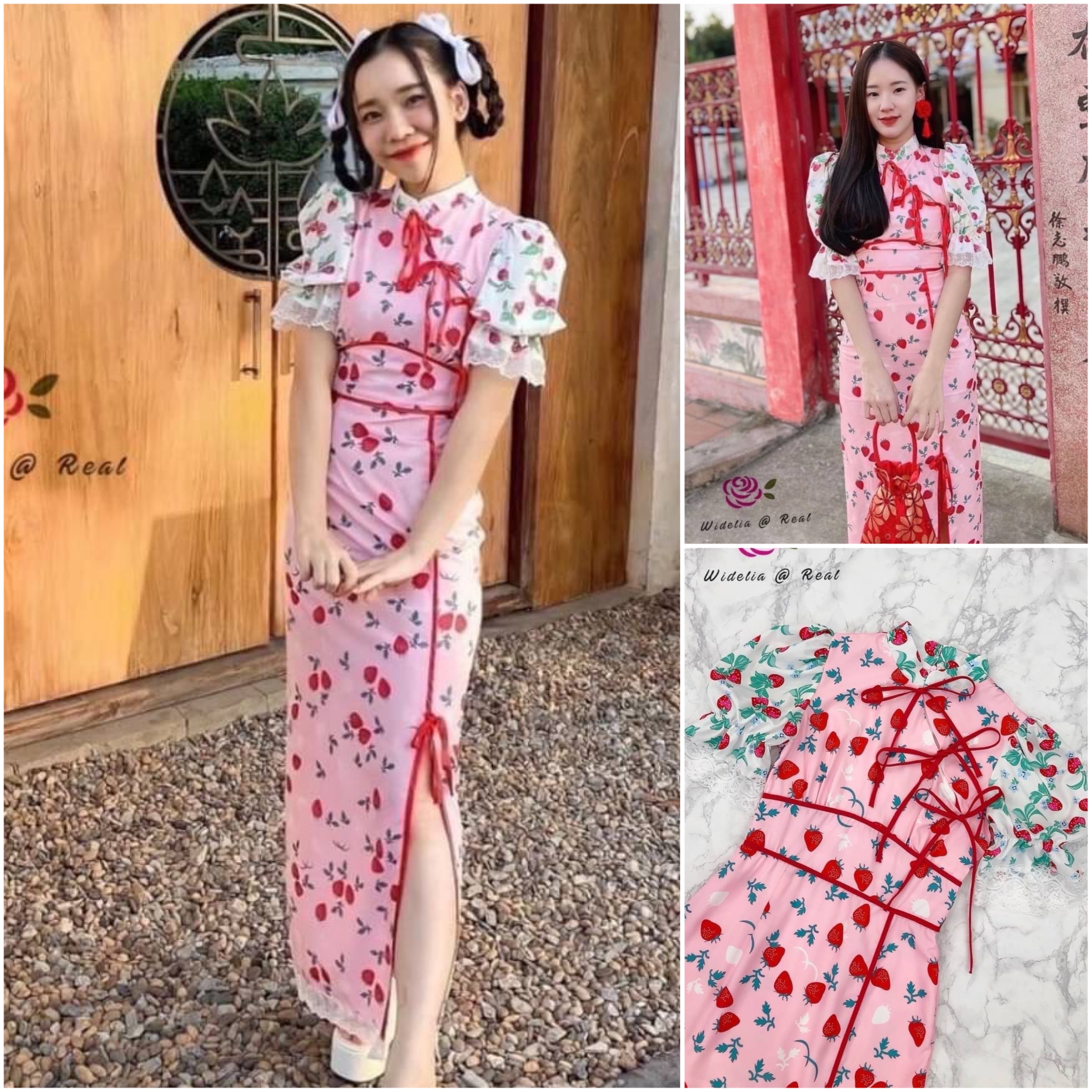 Dress เดรสกี่เพ้าตัวยาวแสนสวยช่วงแขน พองสลับสี ตัวเดรสกุ๊นขอบแดง ชายเดรสผ่าข้าง ใส่สบาย สินค้าคุณภาพ (พร้อมส่ง)