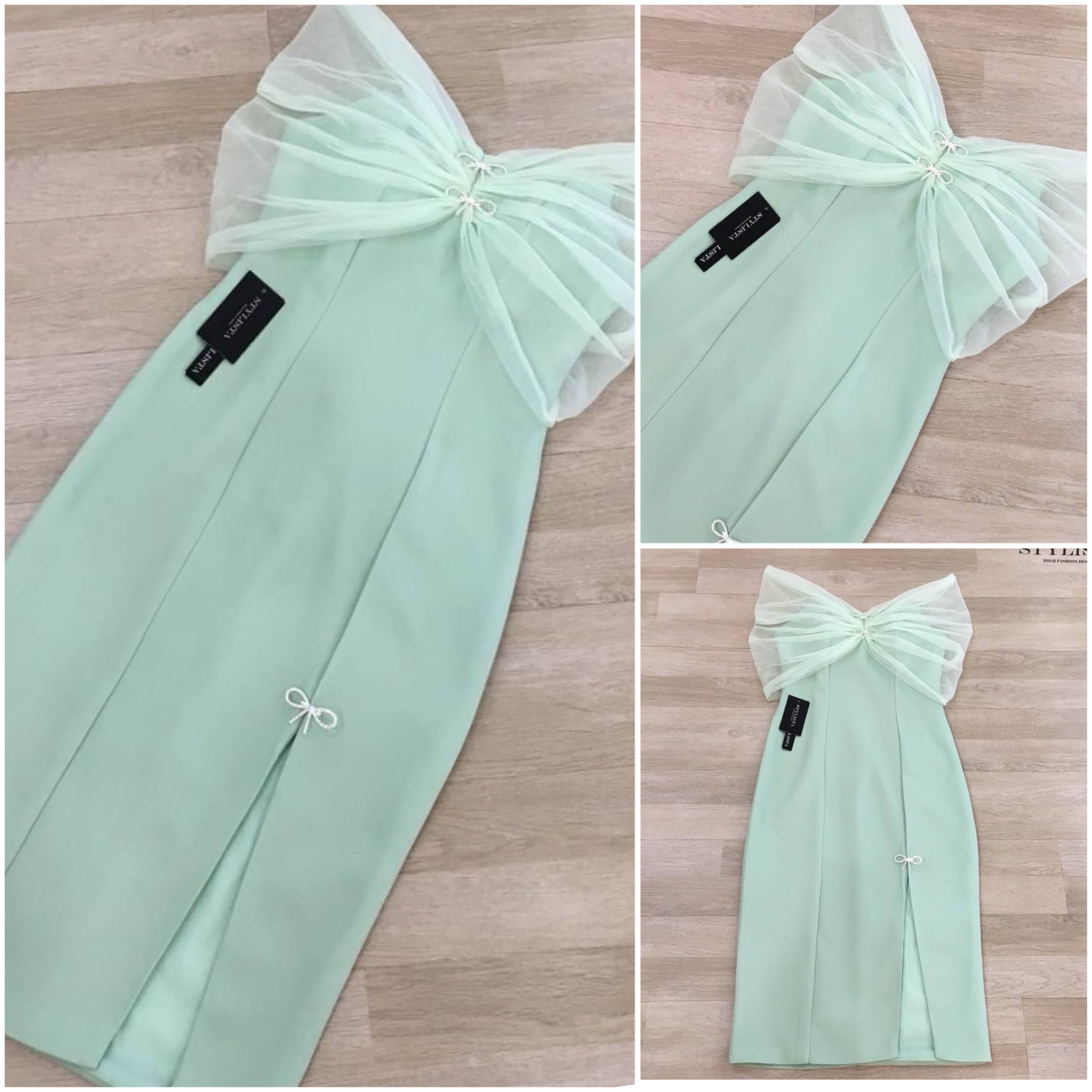 เดรสทรงพอดีตัว เปิดไหล่ แต่งผ้าซีทรูรั้งแขนแต่งโบว์เพชร น่ารักมากก กระโปรงผ่าข้าง ใส่สวยดูดี ใส่สบาย : สินค้าคุณภาพ (พร้อมส่ง) สำเนา