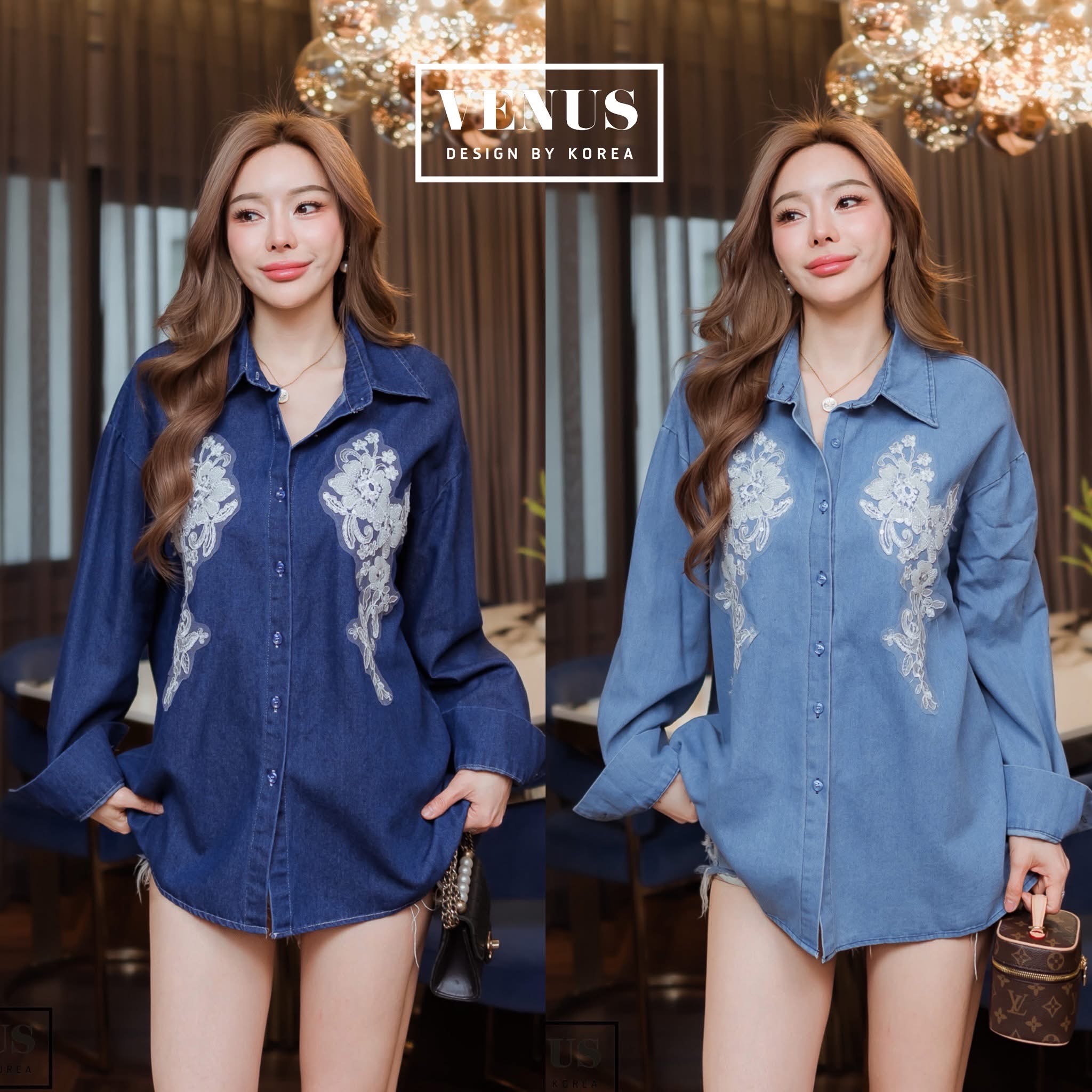 เสื้อเชิ๊ตผ้ายีนเนื้อดี แต่งลูกไม้ ใส่สบาย : สินค้าคุณภาพ (พร้อมส่ง)