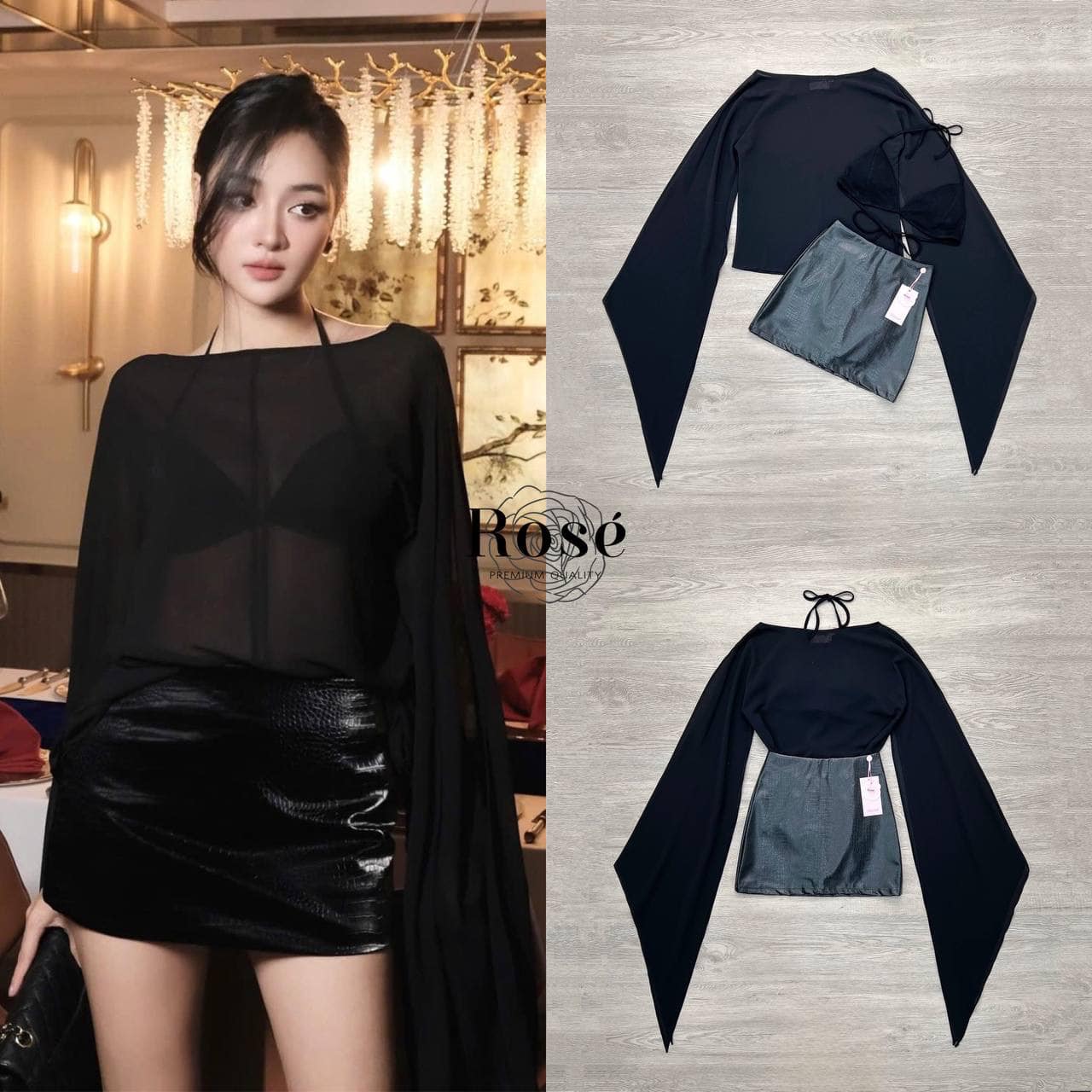 Set 3 ชิ้น เสื้อคลุมแขนยาวสีดำ + บิกินนี่ + กระโปรงสั้นผ้าหนังสีดำ สวยเซ็กซี่ เนื้อผ้าดีมาก ใส่สบาย : สินค้าคุณภาพ (พร้อมส่ง)