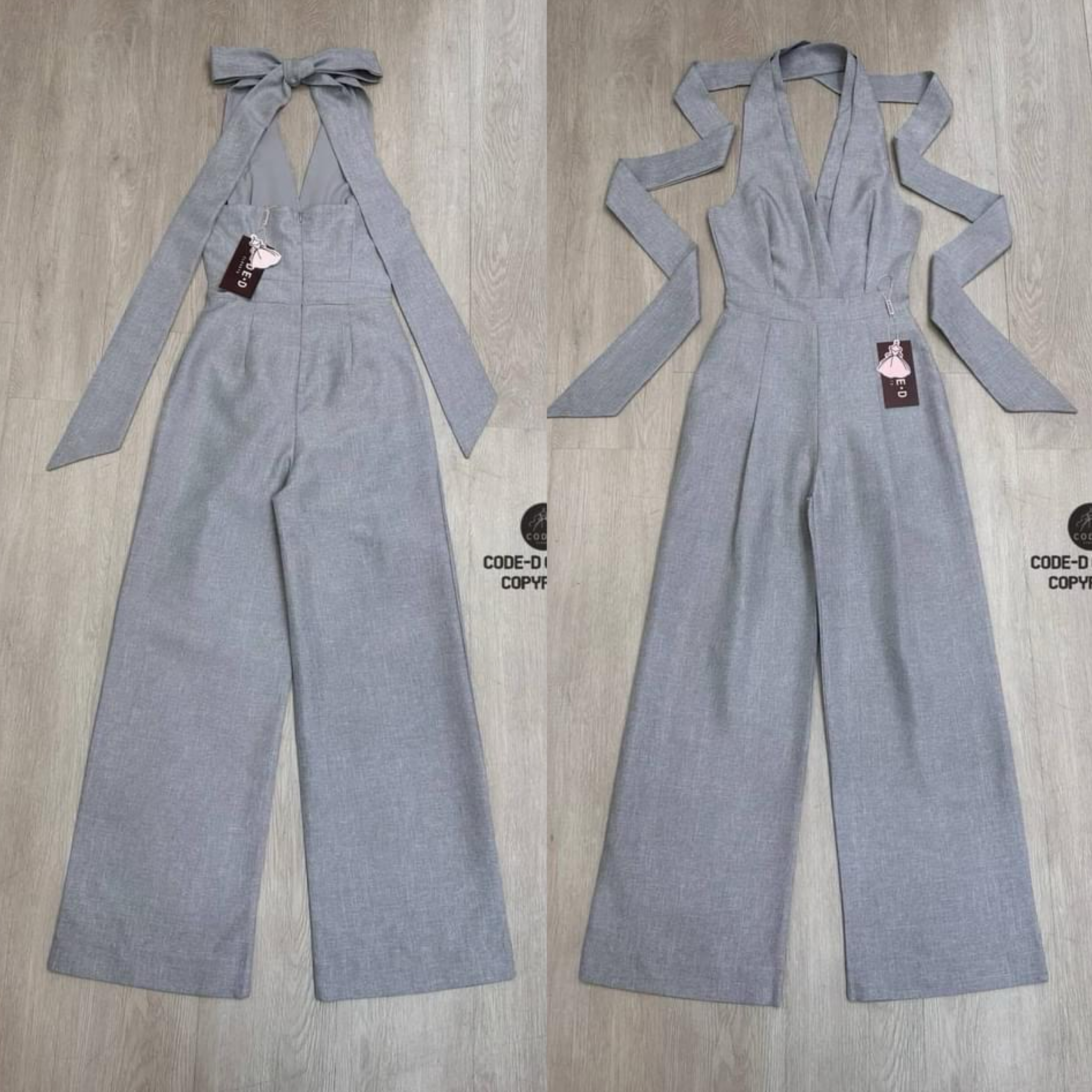 จั๊มสูทขายาวสีเทา ดีไซน์แขนกุด ผูกผูกคอและโบว์ด้านหลังช่วงอกด้านหน้าเว้า และเว้าหลังเซ็กซี่มากๆ( มีซิปหลังอย่างดี ) สินค้าคุณภาพ (พร้อมส่ง)
