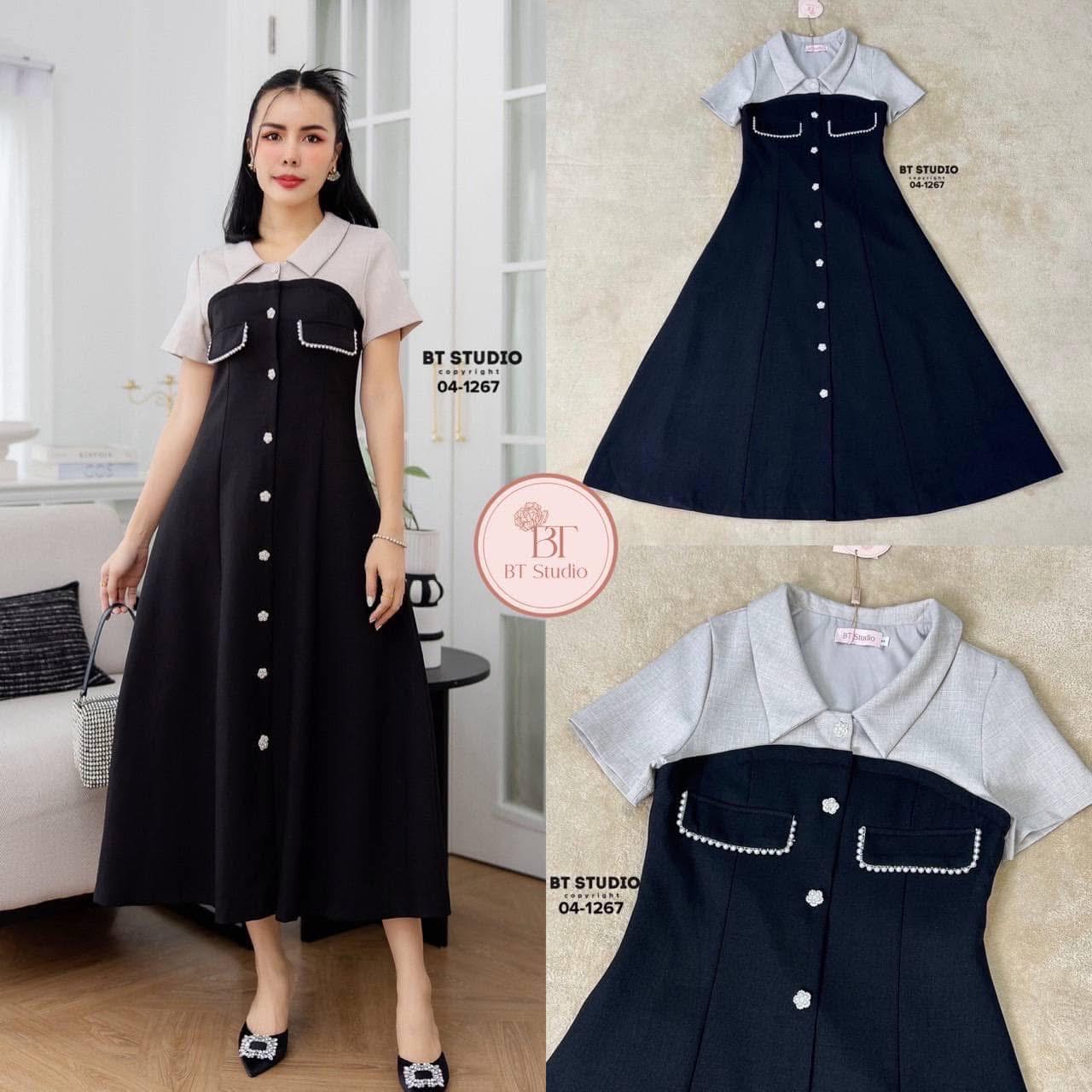 ชุดเดรสยาวเนื้อผ้าตัดต่อคอปกแขนสั้นกระดุมมุกเรียงกันด้านหน้าตัดต่อเนื้อผ้าทวิสต์ช่วงอกจนถึงปลายกระโปรงแต่งจับจีบ ใส่สบาย : สินค้าคุณภาพ (พร้อมส่ง)