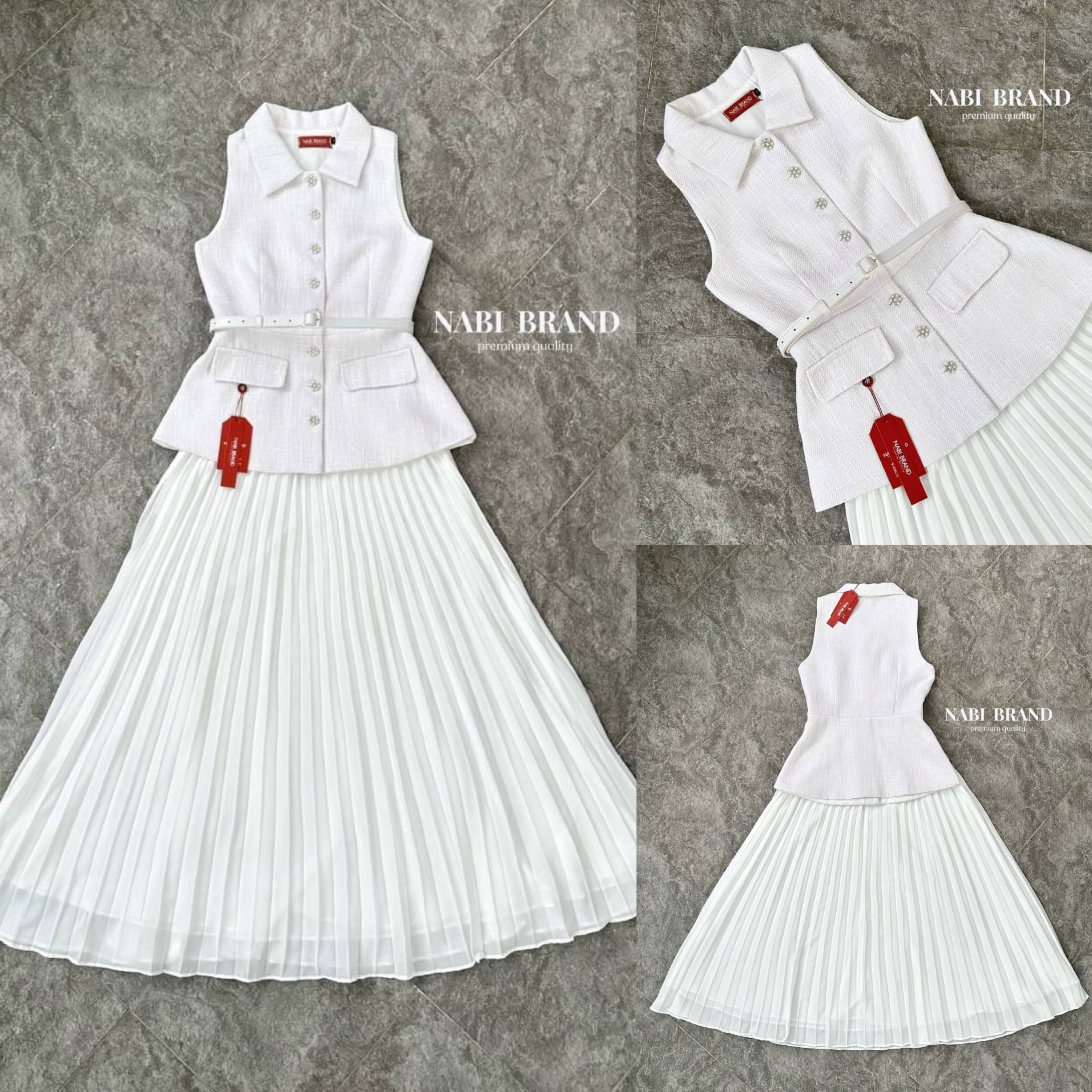 Set3ชิ้น เสื้อแขนกุดผ้าทวีต คอปก งานกระดุมหน้า มาคู่ กับ เข้มขัดและกระโปรงอัดพลีท สินค้าคุณภาพ (พร้อมส่ง)