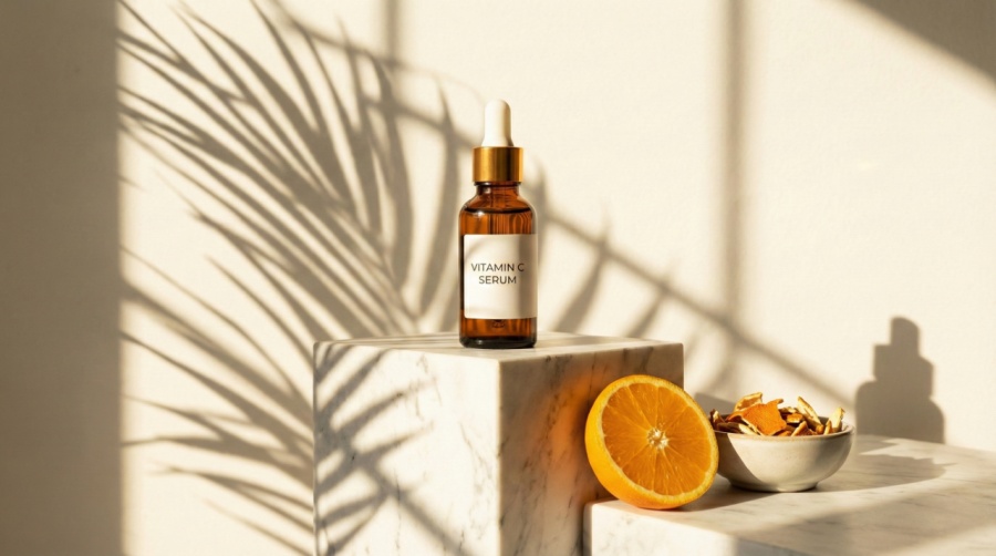 ขวดเซรั่มวิตามินซีวางบนแท่นหินพร้อมเงาแสงแดด สื่อถึงเกราะป้องกันผิวที่แข็งแกร่ง