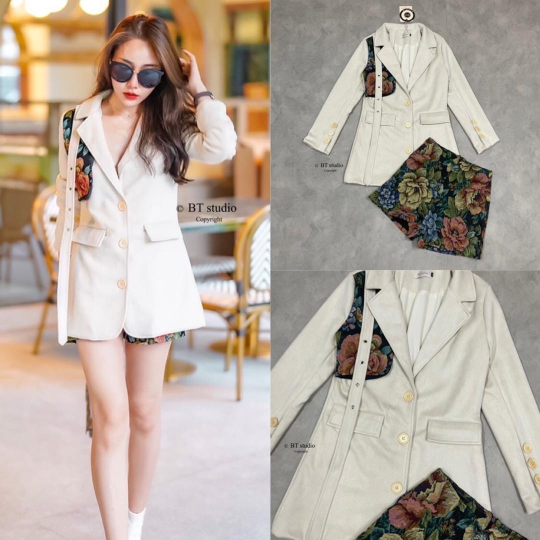 เซท 2 ชิ้น เสื้อเบเซอร์ทรงโอเว่อไซส สีครีมแต่งผ้าลายทอตัด แต่งสายเท่ ๆ มาพร้อม กางเกงขาสั้นผ้าลายทอในตัว . สินค้าคุณภาพ (พร้อมส่ง)