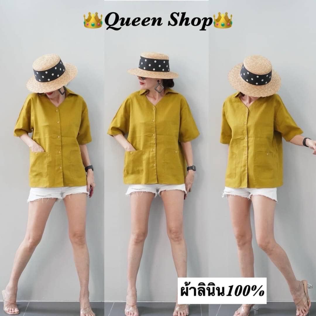 เสื้อลินินคอปกกระดุมผ่าหน้า มีกระเป๋าเจาะด้านหน้า2ข้าง ส่วมใส่ง่ายแมทช์ง่าย ทรงคลาสสิก : สินค้าคุณภาพ (พร้อมส่ง)