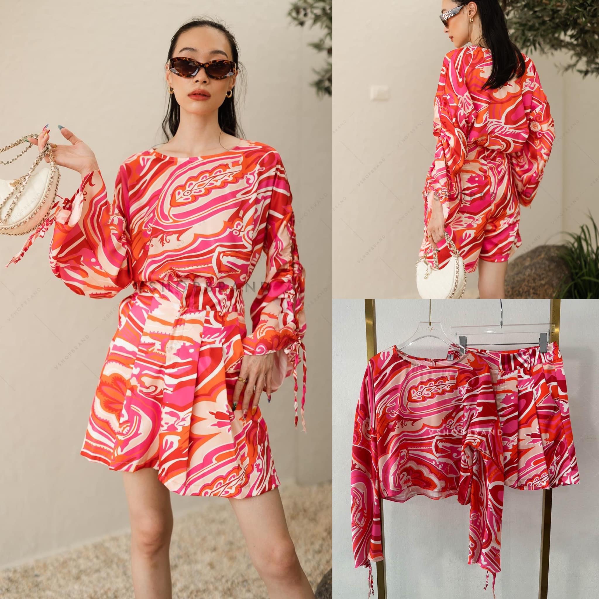 Set เสื้อผ่าแขนลายตัดจ้าน + กางเกงขาสั้นจับจีบหน้า สินค้าคุณภาพ (พร้อมส่ง)