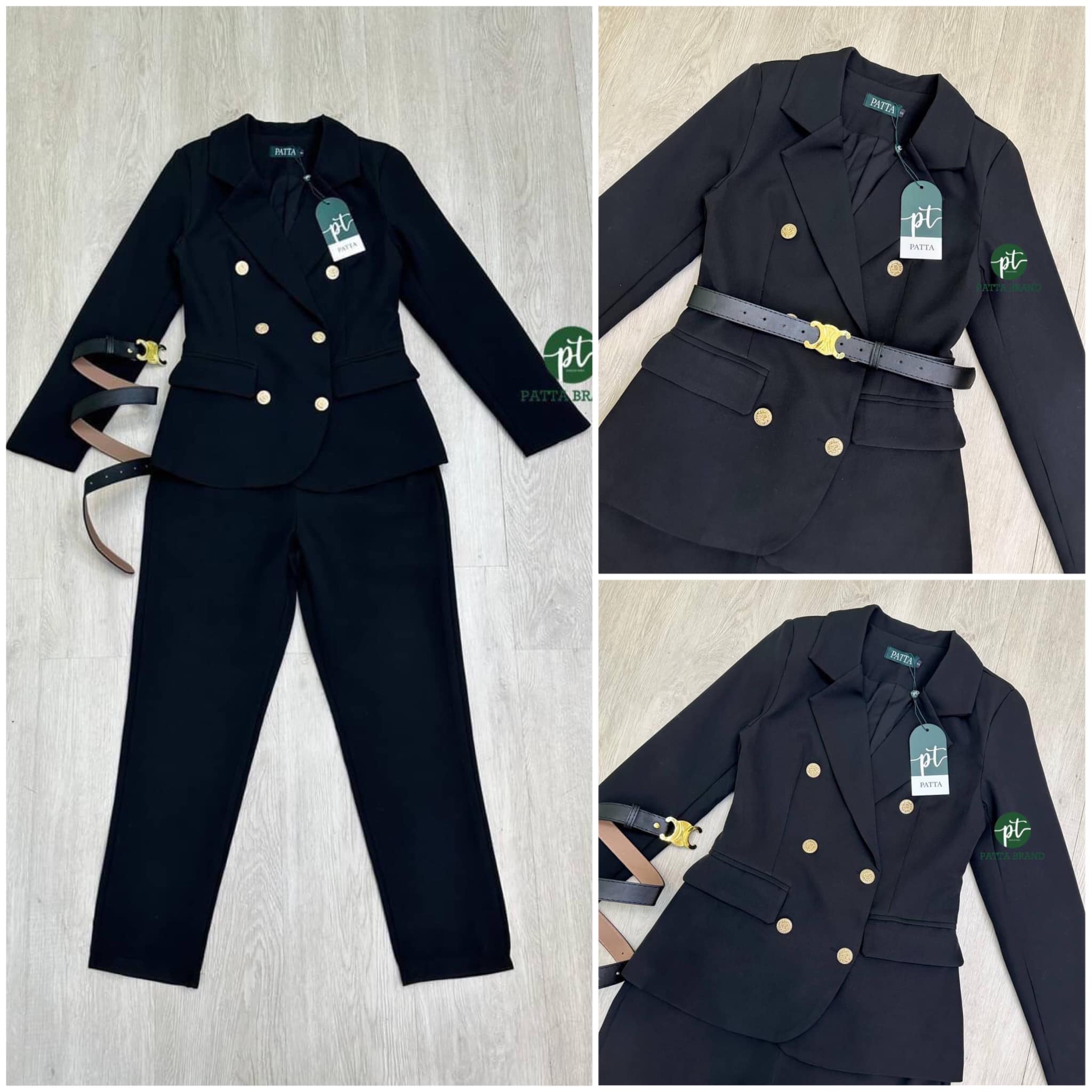 set สูท2ชิ้น เสื้อสูทคอปกแขนยาว แต่งกระดุมหน้าสีทองปั้มลาย 6 เม็ด มาพร้อมกับกางเกง ขายาว เพิ่มเข็มขัดหนังหัวสีทองใส่แมท เข้ากันมาก: สินค้าคุณภาพ (พร้อมส่ง)