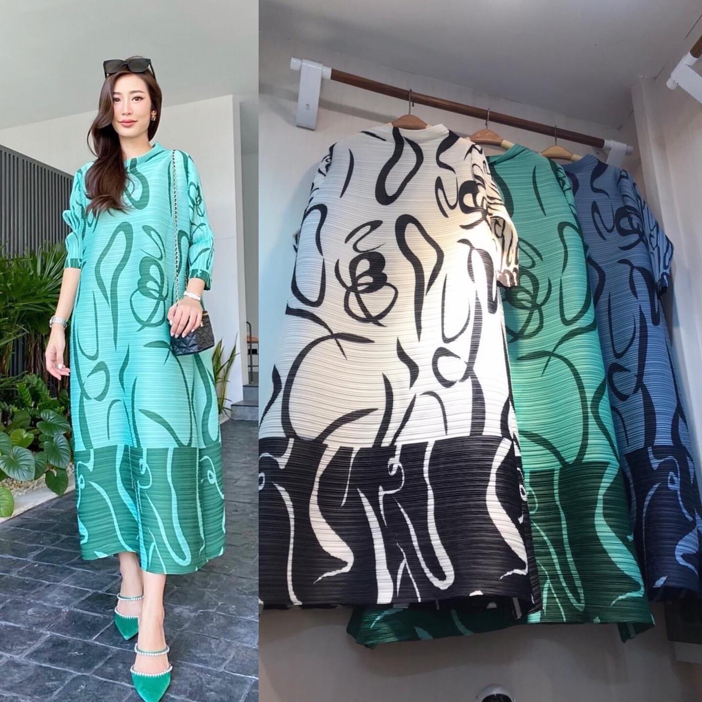 เดรสอัดพลีท งานสวยไฮโซ ทรงคอปีน ชายบาน A Line 😍 สวยพริ้ว ทุกมุมมอง รุ่นนี้ แพทเทิร์น แขนยาว พิมพ์ลายใหม่ ✨✨ สินค้าคุณภาพ (พร้อมส่ง)