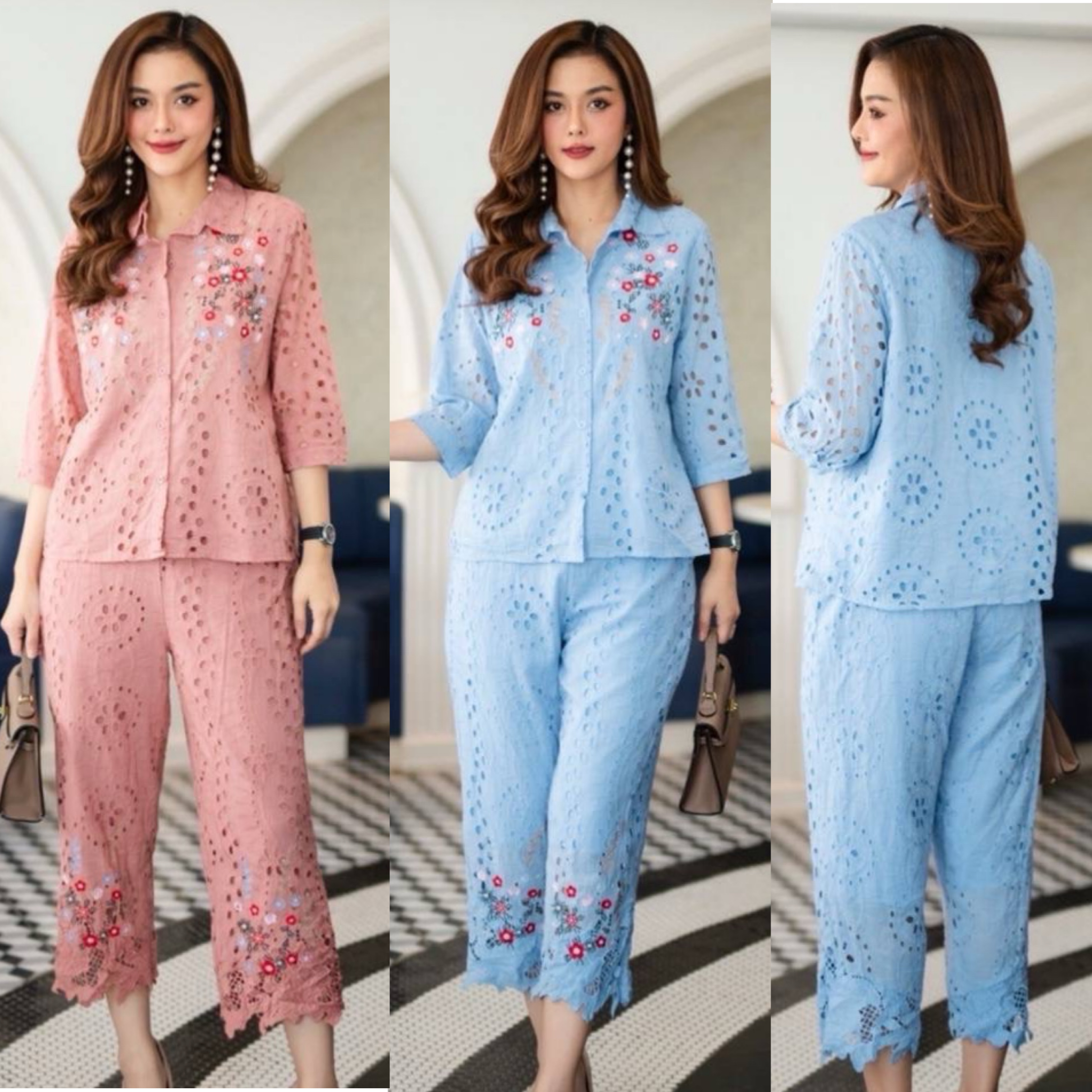 ชุดเซ็ทผ้าป่านปักฉลุ ปักดอกไม้ที่เสื้อและกางเกง เสื้อ-กางเกงมีซับใน ใส่สบาย : สินค้าคุณภาพ (พร้อมส่ง)