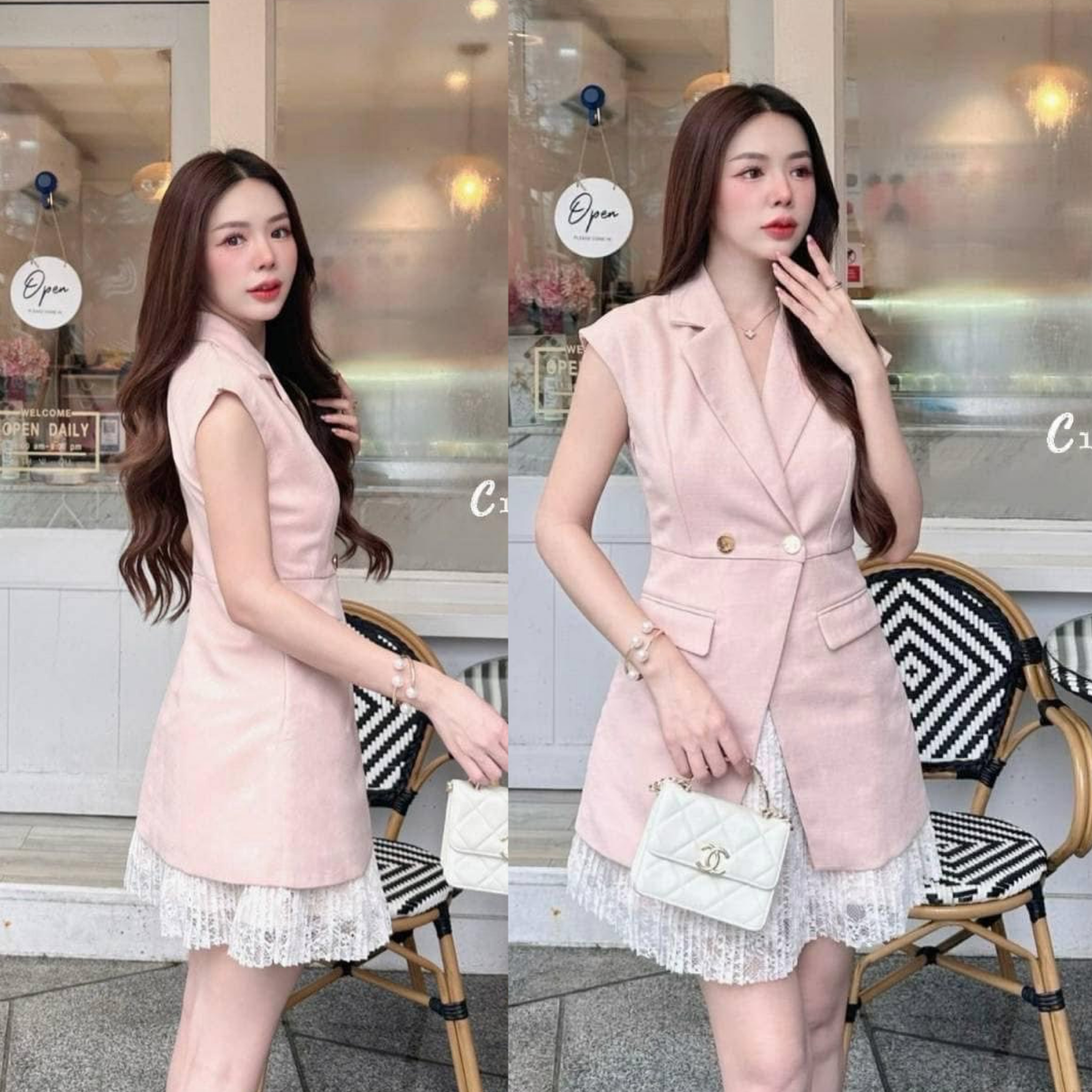 เดรสสูทกระโปรงสั้น คอปก แขนล้ำ กระดุมหน้า 2 เม็ดสีทอง เนื้อผ้ามี Texture ในตัว ชายกระโปรงตกแต่งด้วยผ้าลูกไม้อย่างดี ใส่สบาย : สินค้าคุณภาพ (พร้อมส่ง)