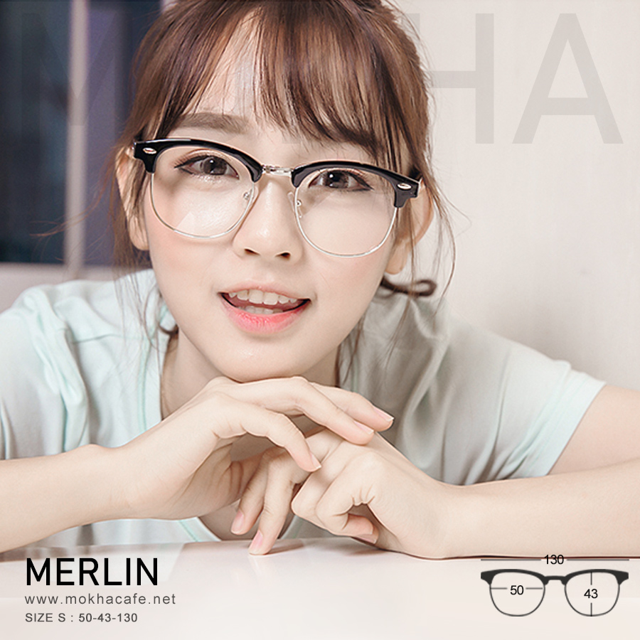 (ตำหนิ) MERLIN - silver black กรอบแว่น วินเทจ แว่นตา ClubMaster น้ำหนักเบา กว้าง 130 มม. (sizeS) H43