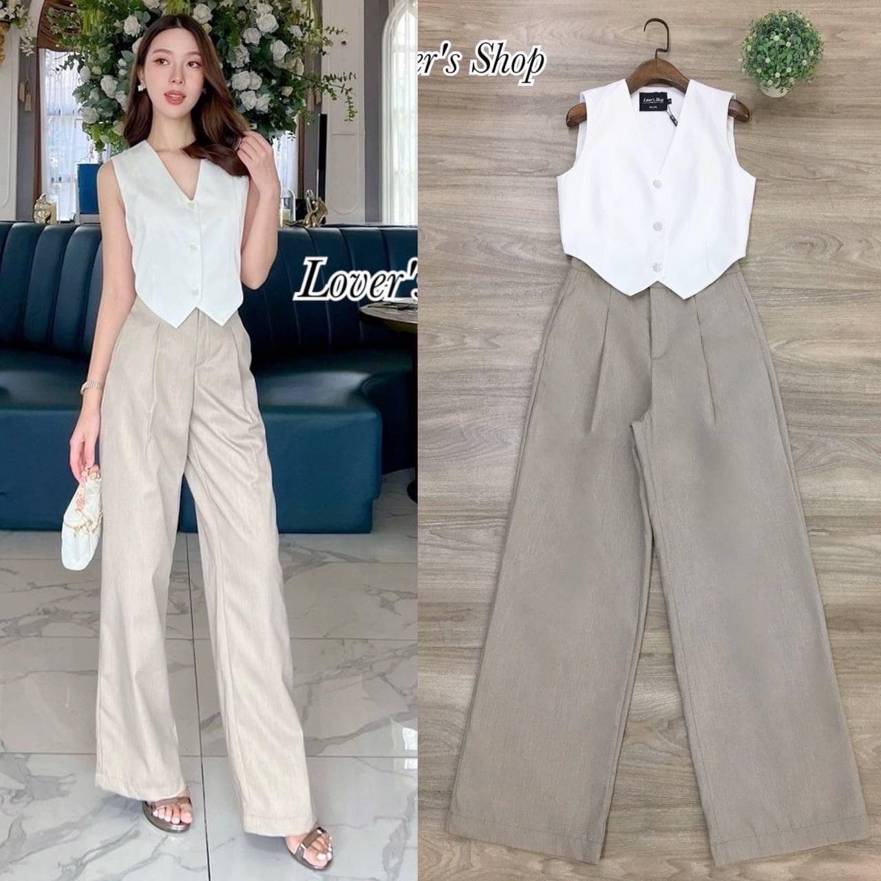 Set.2ชิ้น ลุคเรียบหรูดูผู้ดี เสื้อกั๊กทรงเข้ารูปมีซับใน แต่งกระดุมเพชร มาพร้อมกางเกงเอวสูงผ้าหนาอัดกาวมีซับใน ใส่สบาย : สินค้าคุณภาพ (พร้อมส่ง)