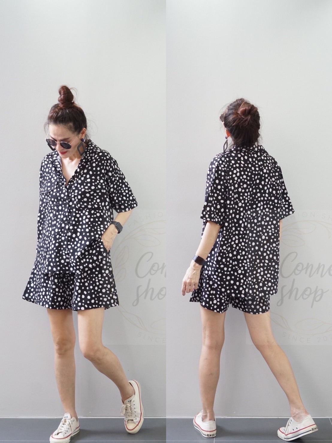 ชุดเซต 2 ชิ้น เสื้อเชิ้ตแขนสั้น แต่งกระเป๋าหน้า ผ้าไหมอิตาลี่ เนื้อนิ่ม พิมลาย มาคู่กับ กางขาสั้น เอวยางยืด งานเจาะกระเป๋า ข้าง ใส่สบาย : สินค้าคุณภาพ (พร้อมส่ง)