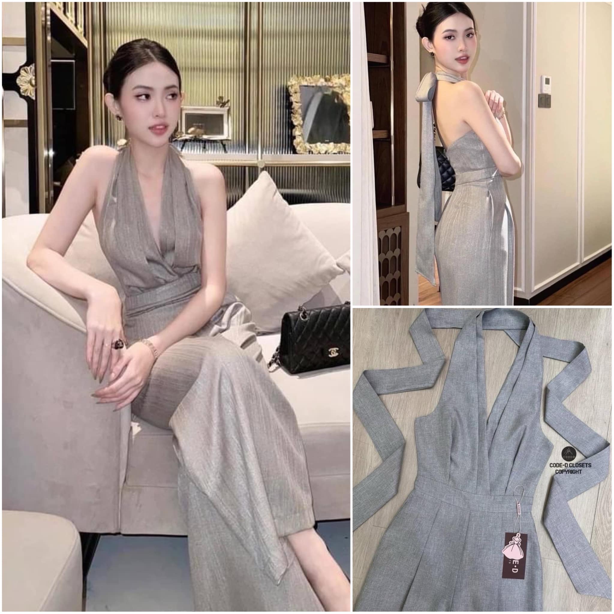 จั๊มสูทขายาวสีเทา ดีไซน์แขนกุด ผูกผูกคอและโบว์ด้านหลังช่วงอกด้านหน้าเว้า และเว้าหลังเซ็กซี่มากๆ( มีซิปหลังอย่างดี ) สินค้าคุณภาพ (พร้อมส่ง)