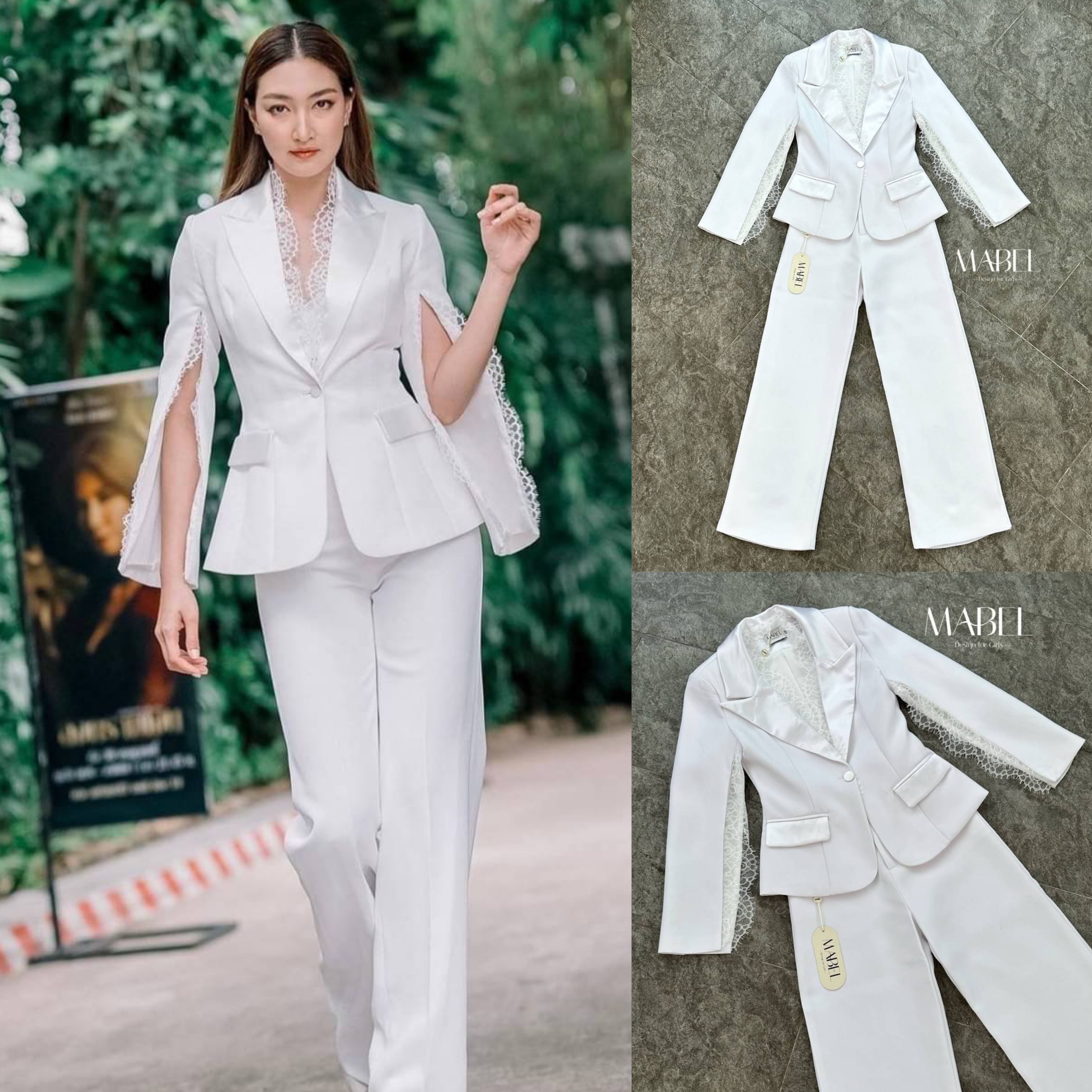 ชุดเซทสูทกางเกงขายาวสีขาว เสื้อสูทเข้ารูปสีขาวปก ดีเทลผ่าแขนยาว 2 ข้าง ตกแต่งด้วยผ้าลูกไม้ และกางเกงขายาวทรงกระบอกใหญ่สีขาว มีซับในทั้งชุด สินค้าคุณภาพ (พร้อมส่ง)