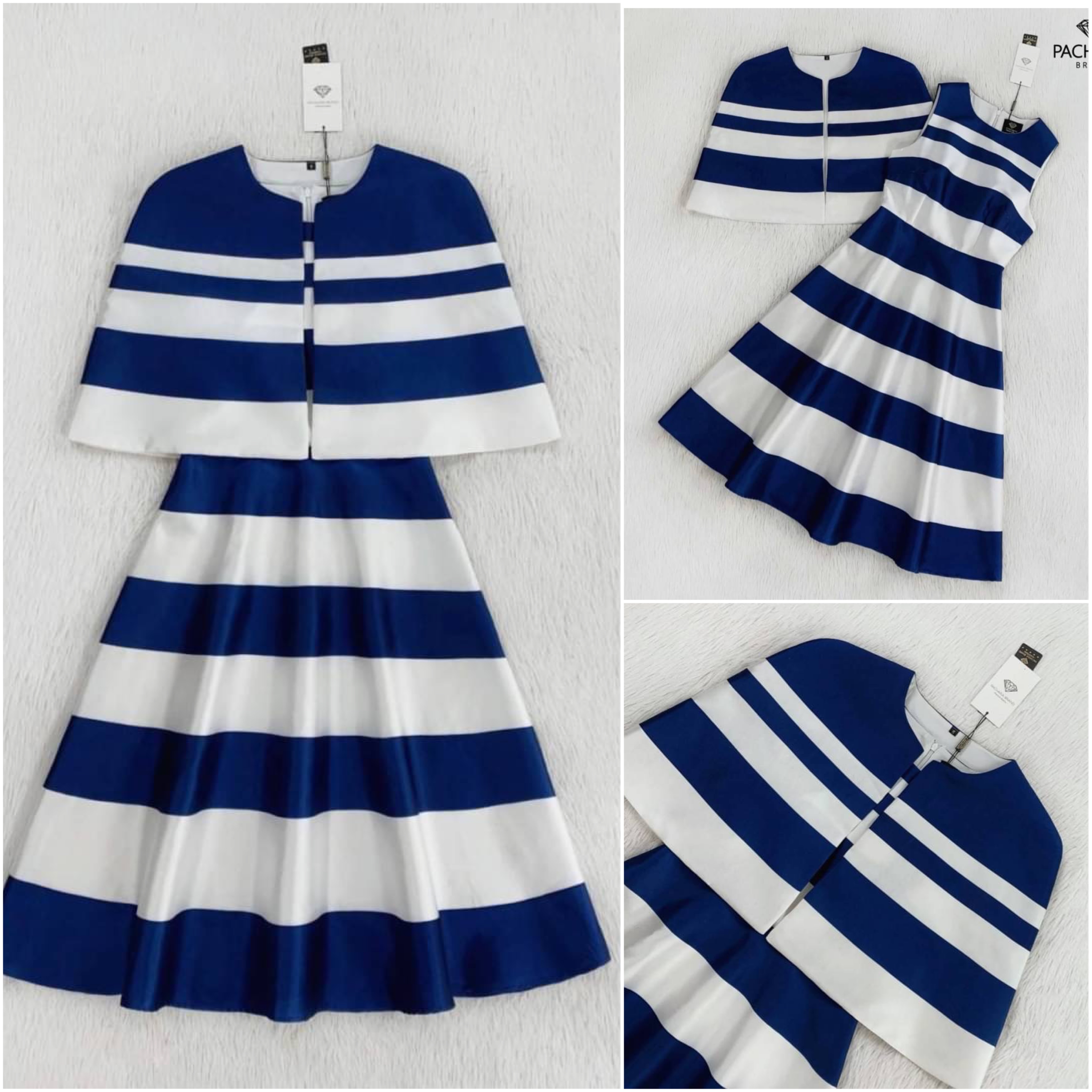 เซ็ต 2 ชิ้น เดรสยาวแขนกุดลายขวางสีขาวสลับสีกรม ช่วงเอวเข้ารูป ทรงกระโปรงบานสวยมาก มาพร้อมเสื้อครอปคลุมไหล่ทรงเก๋ ใส่สบาย สินค้าคุณภาพ (พร้อมส่ง)