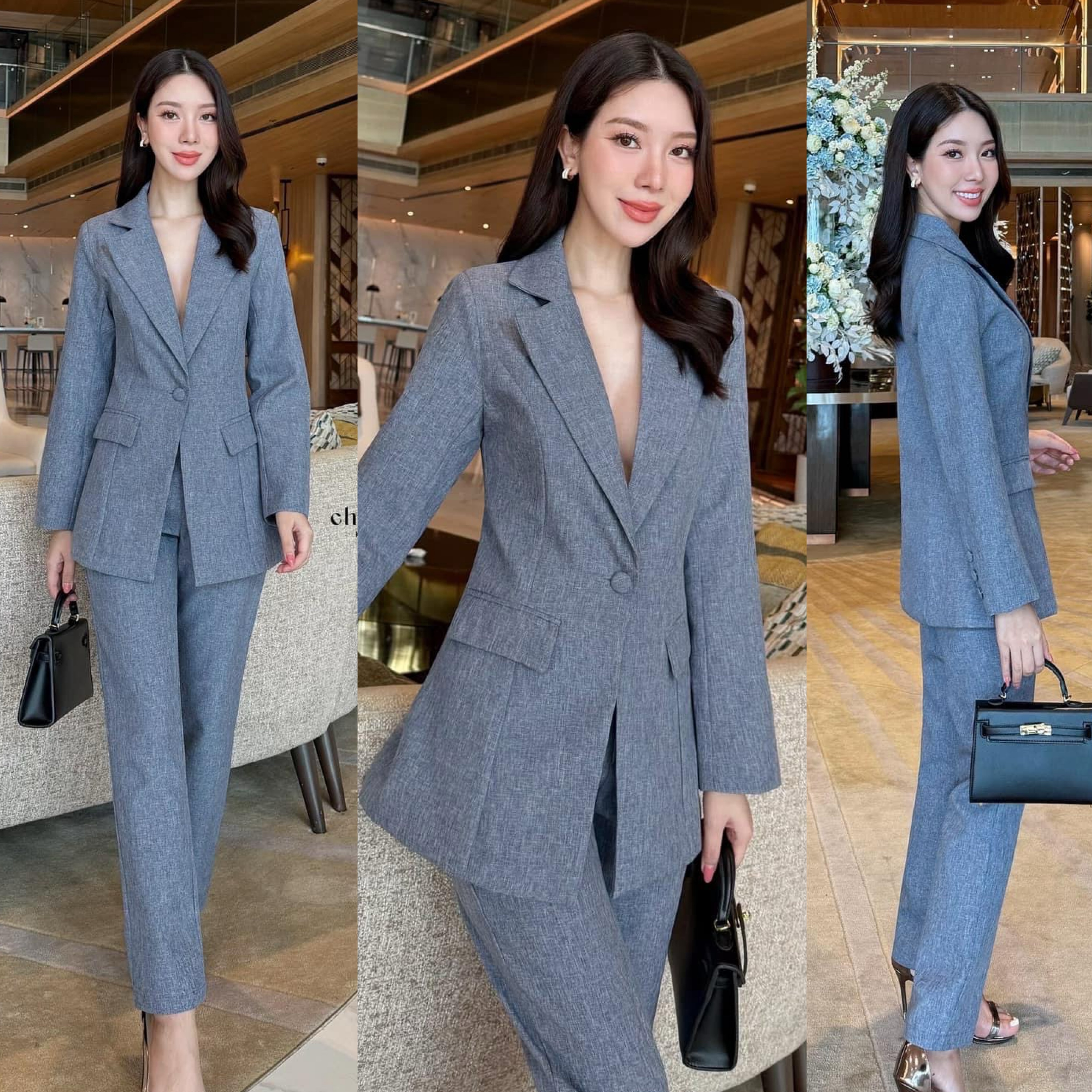 ชุดสูทเรียบหรู สวยคลาสสิค เสื้อสูทมีซับในอย่างดี แต่งกระดุมปั้มผ้าเดียวกับสีชุด +กางเกงขายาวทรงกระบอก ล็กใส่สบายๆ ใส่สบาย : สินค้าคุณภาพ (พร้อมส่ง)