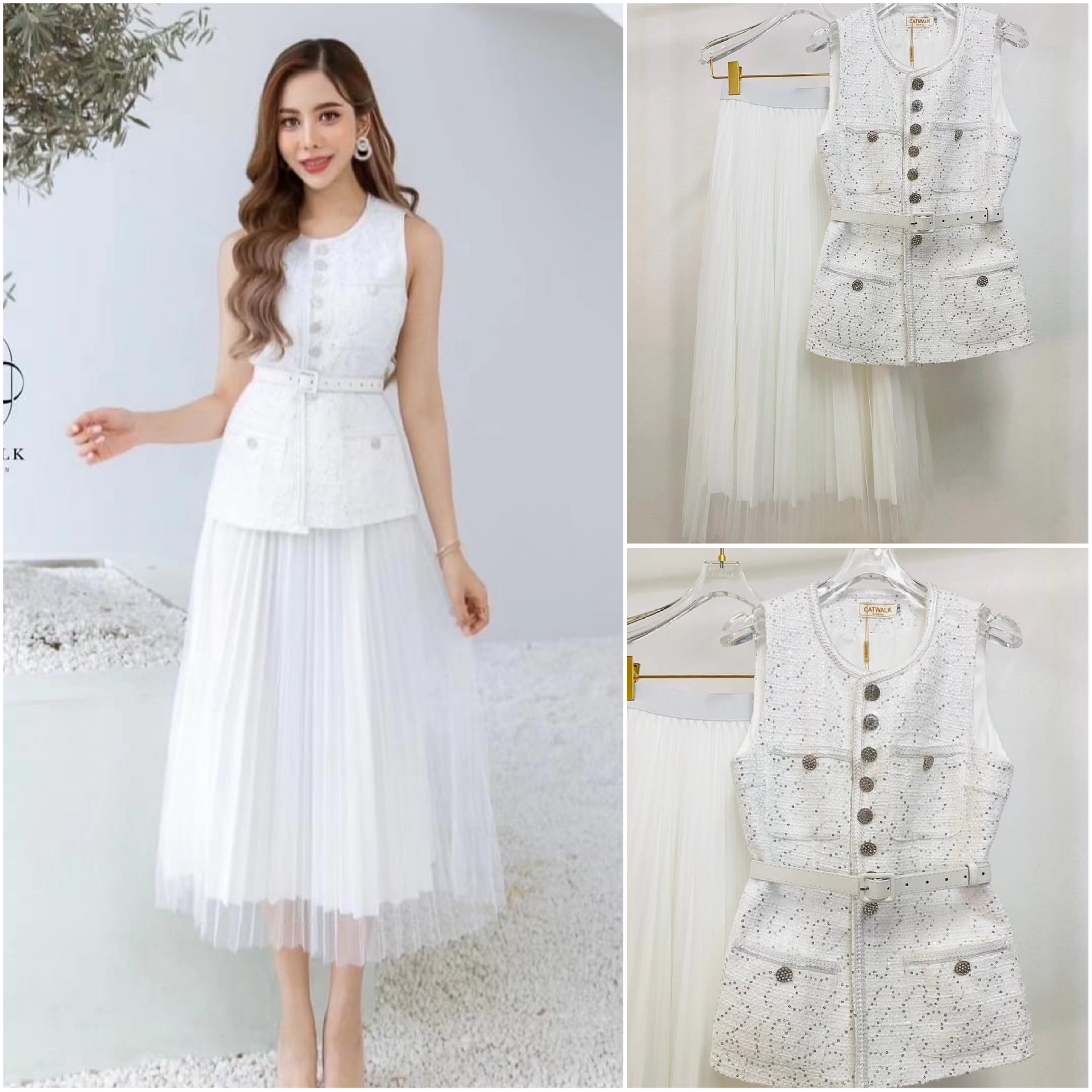 เซตเสื้อผ้า ทวิตกระดุมเพชร+กระโปรงผ้าตาข่ายอัดพลีท เนื้อผ้าทวิตเกรดเอ ใส่สบาย สินค้าคุณภาพ (พร้อมส่ง)