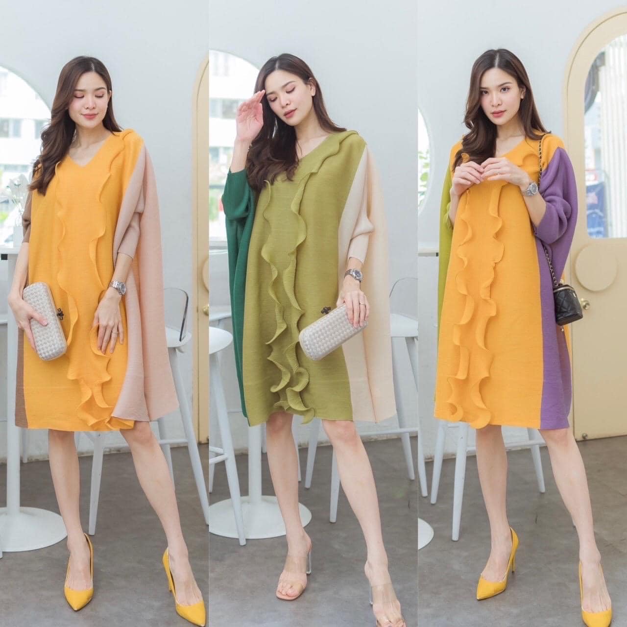 เดรสอัดพลีท งานสวยไฮโซ ทรงคอวี 💫💫 ตีเกร็ดด้านหน้า ดีเทลตัดต่อ ทรีโทน สวยงามมว้าก แพทเทิร์นบอลลูน แขนยาว 5 ส่วน 😍 สินค้าคุณภาพ (พร้อมส่ง)