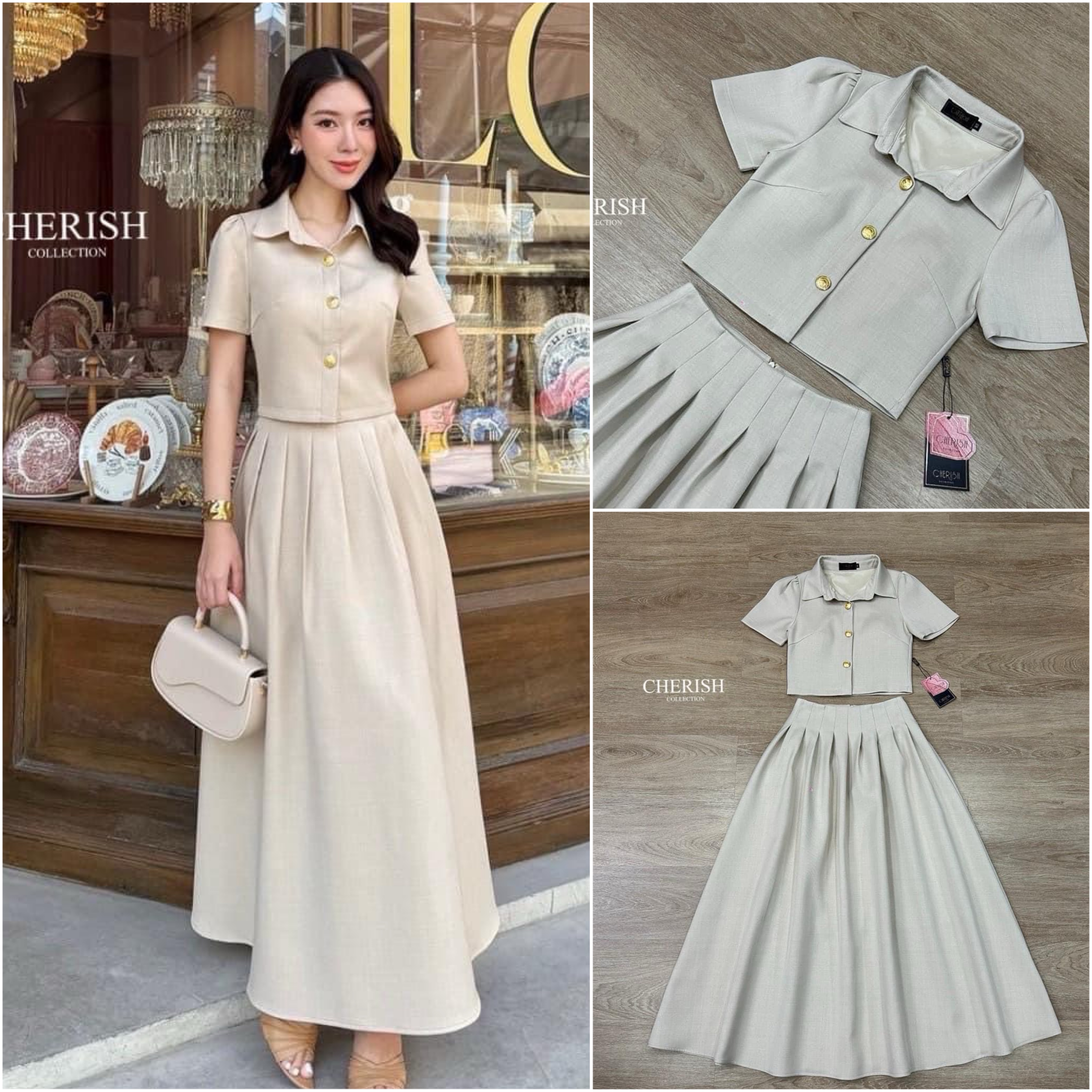 Set สุดน่ารัก ตัวเสื้อเป็นครอปตัวยาวคอปก ตกแต่งกระดุมทองมาพร้อมกระโปรงตัวยาวจับจีบใส่คู่กันแล้วน่ารักสุดๆไปเลยค่ะ ใส่สบาย : สินค้าคุณภาพ (พร้อมส่ง)