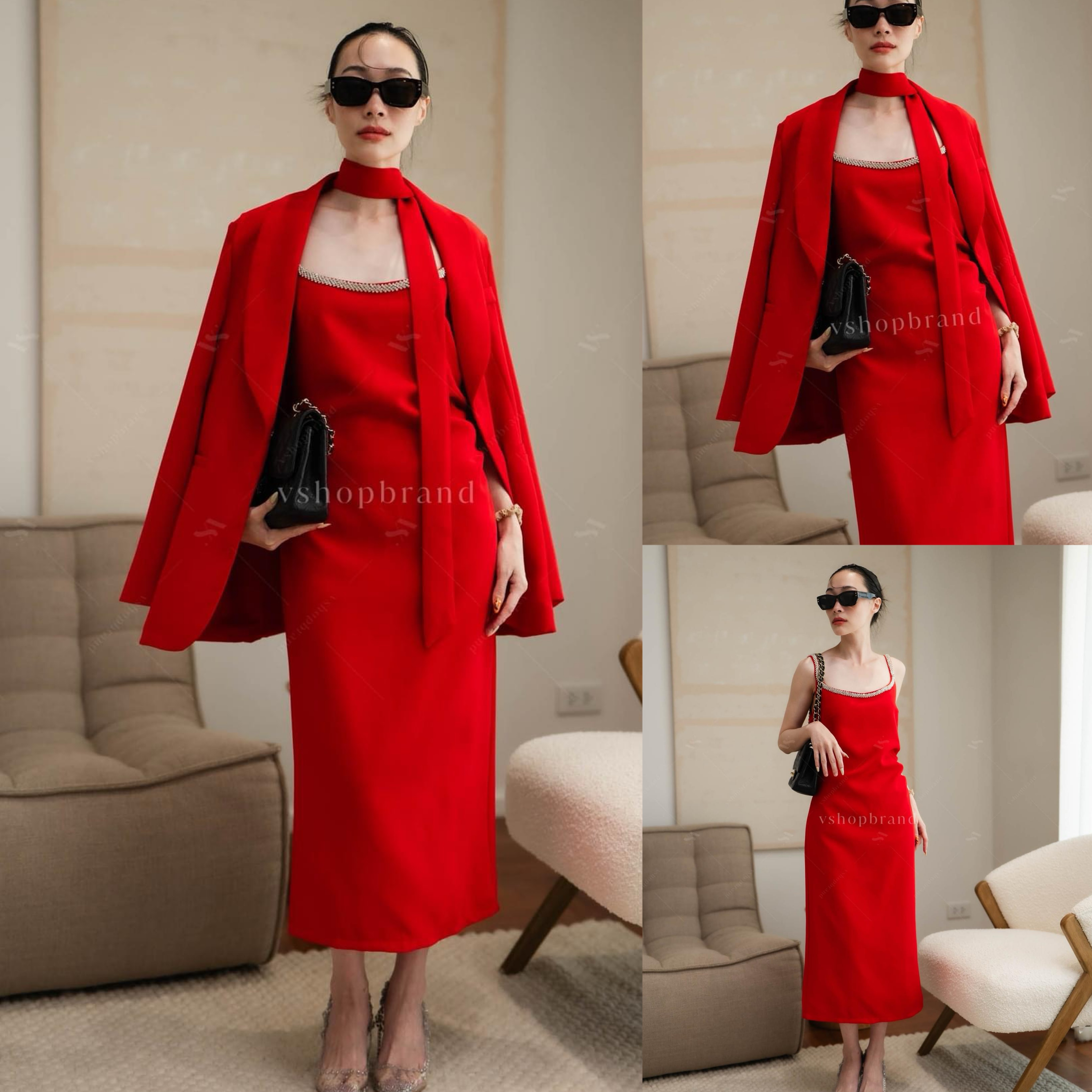 Set เดรสสายเดี่ยวขอบเพชร + เสื้อสูท + เชือก สินค้าคุณภาพ (พร้อมส่ง)