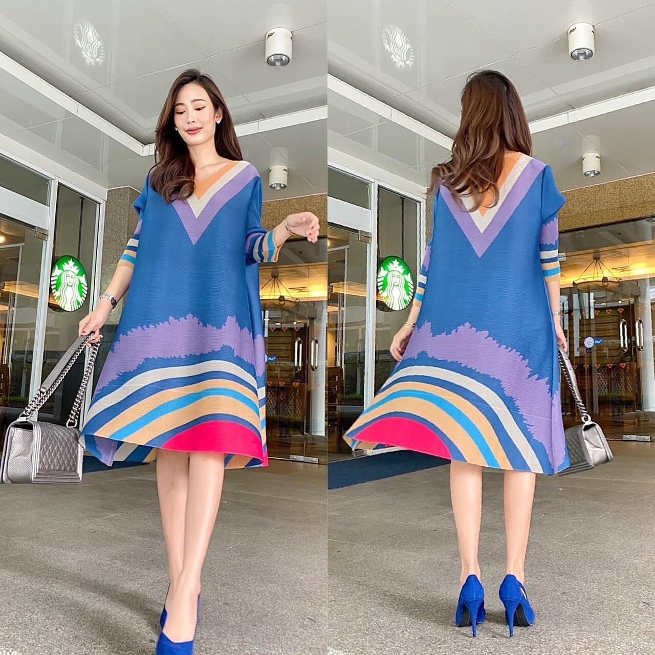 มินิเดรสอัดพลีท 🥰 สวยงาม แบบงานแบรนด์ ทรงคอวี แขน 4 ส่วน งานเกรด Premium สินค้าคุณภาพ (พร้อมส่ง)