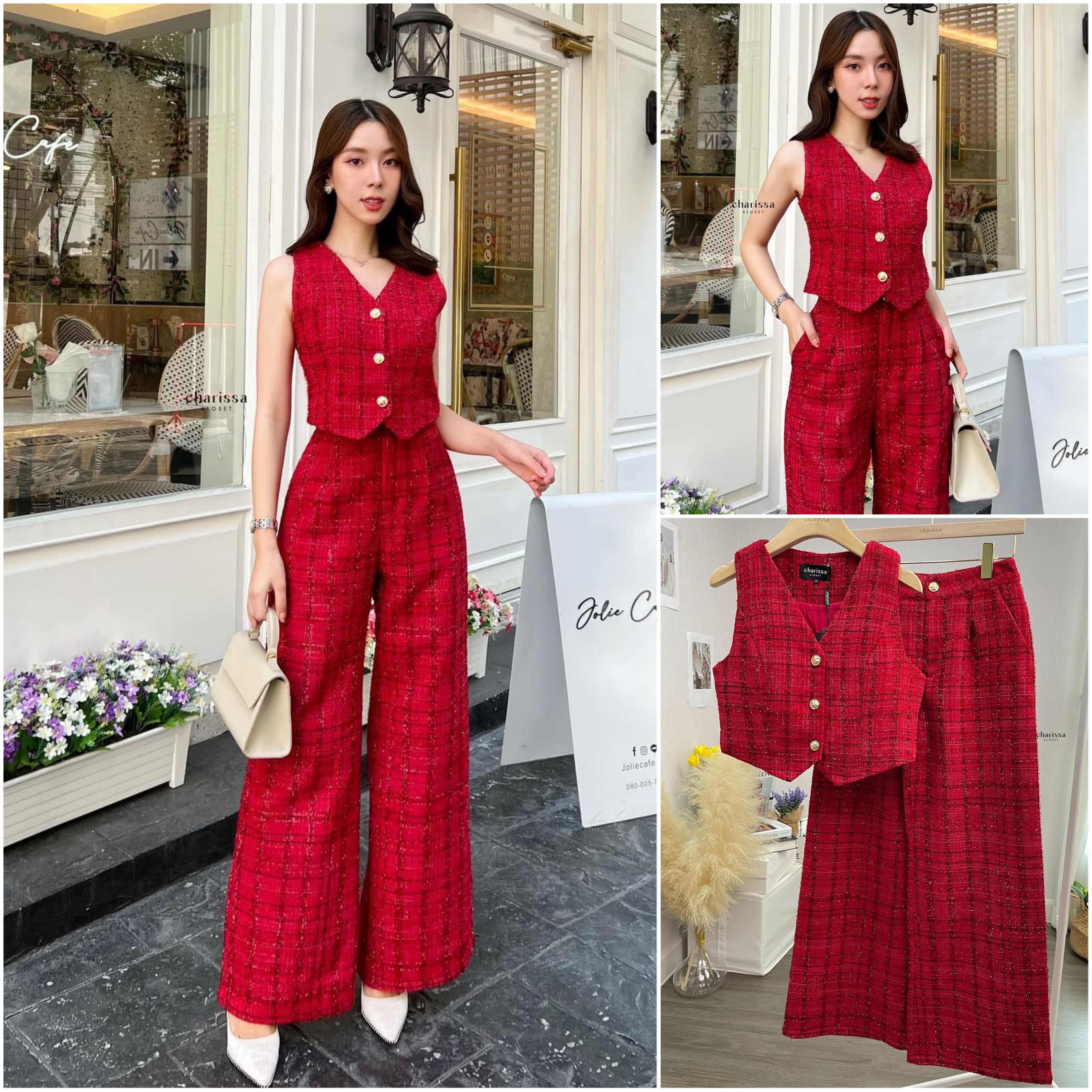 เซ็ทเสื้อแขนกุดลายสก้อตแดงสลับดำทรงเข้ารูป เข้ารูปมาพร้อมกับกางเกงขายาว ทรงปล่อย ใส่สบาย : สินค้าคุณภาพ (พร้อมส่ง)