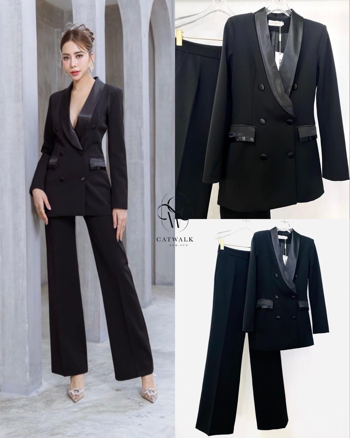 เซตสูทปกเลื่อม+กางเกงขาตรง เนื้อผ้าเกรดเอ เนื้อนุ่มเป็นทรงใส่สบาย สินค้าคุณภาพ (พร้อมส่ง)