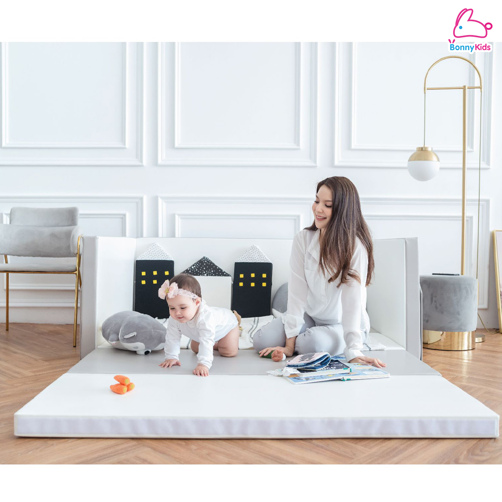 Geko คอกกั้น คอกกั้นเด็กปลอดสารพิษ รุ่นหนังPU และ หนัง Silicone สีเทา-ขาว