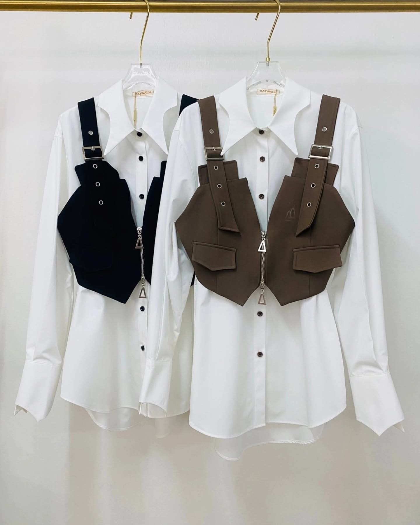 Setเสื้อเชิ้ตแขนยาว+เสื้อครอปกั๊กสุดเก๋ เนื้อผ้าเกรดเอ ใส่สบาย : สินค้าคุณภาพ (พร้อมส่ง)