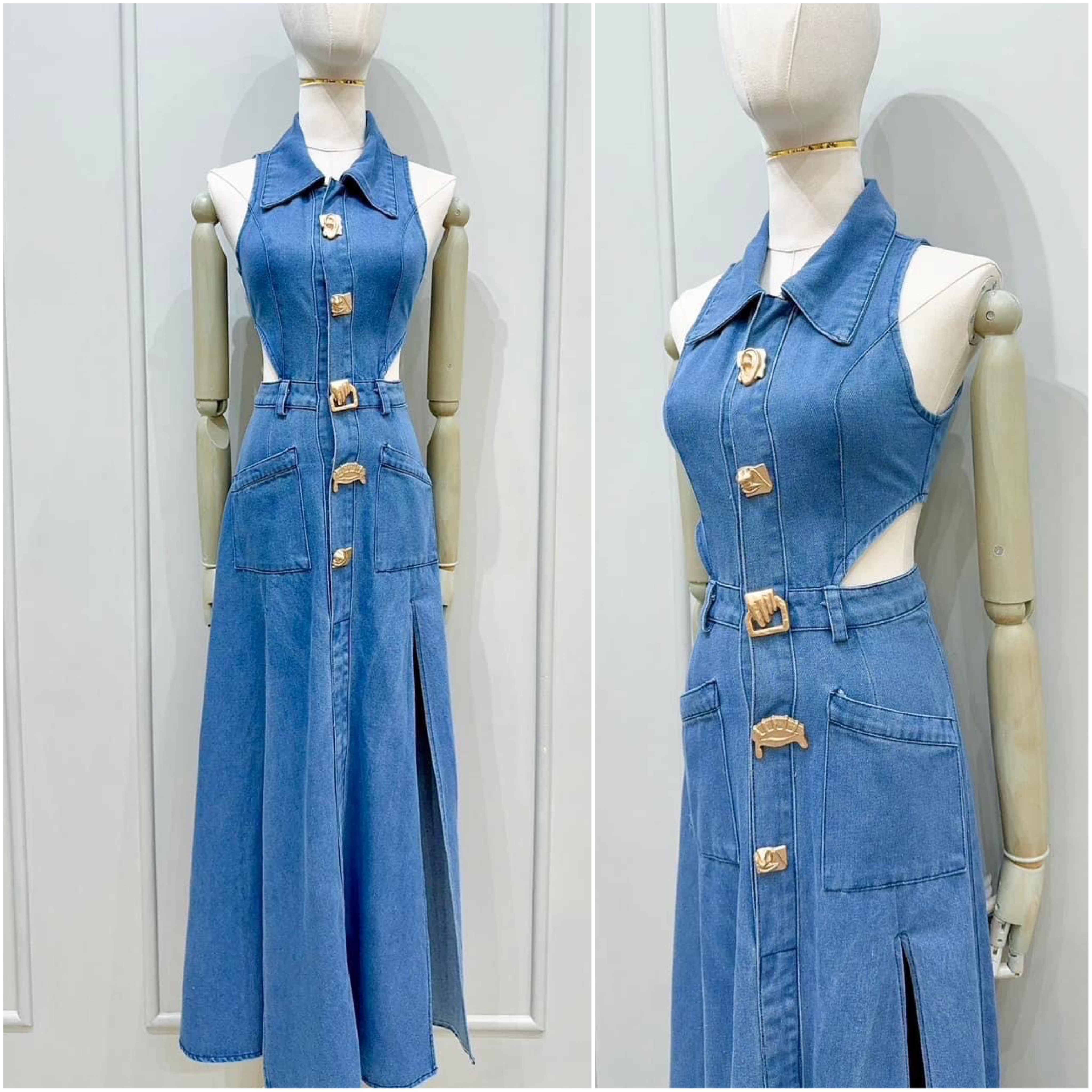 เดรสยาวเนื้อผ้ายีนส์ ดีไซน์คอปกเว้าเอวสองข้าง ช่วง กระโปรงผ่าหน้า เพิ่มความเก๋ ด้วยอะไหล่กระดุม โลหะ ใส่สบาย : สินค้าคุณภาพ (พร้อมส่ง)