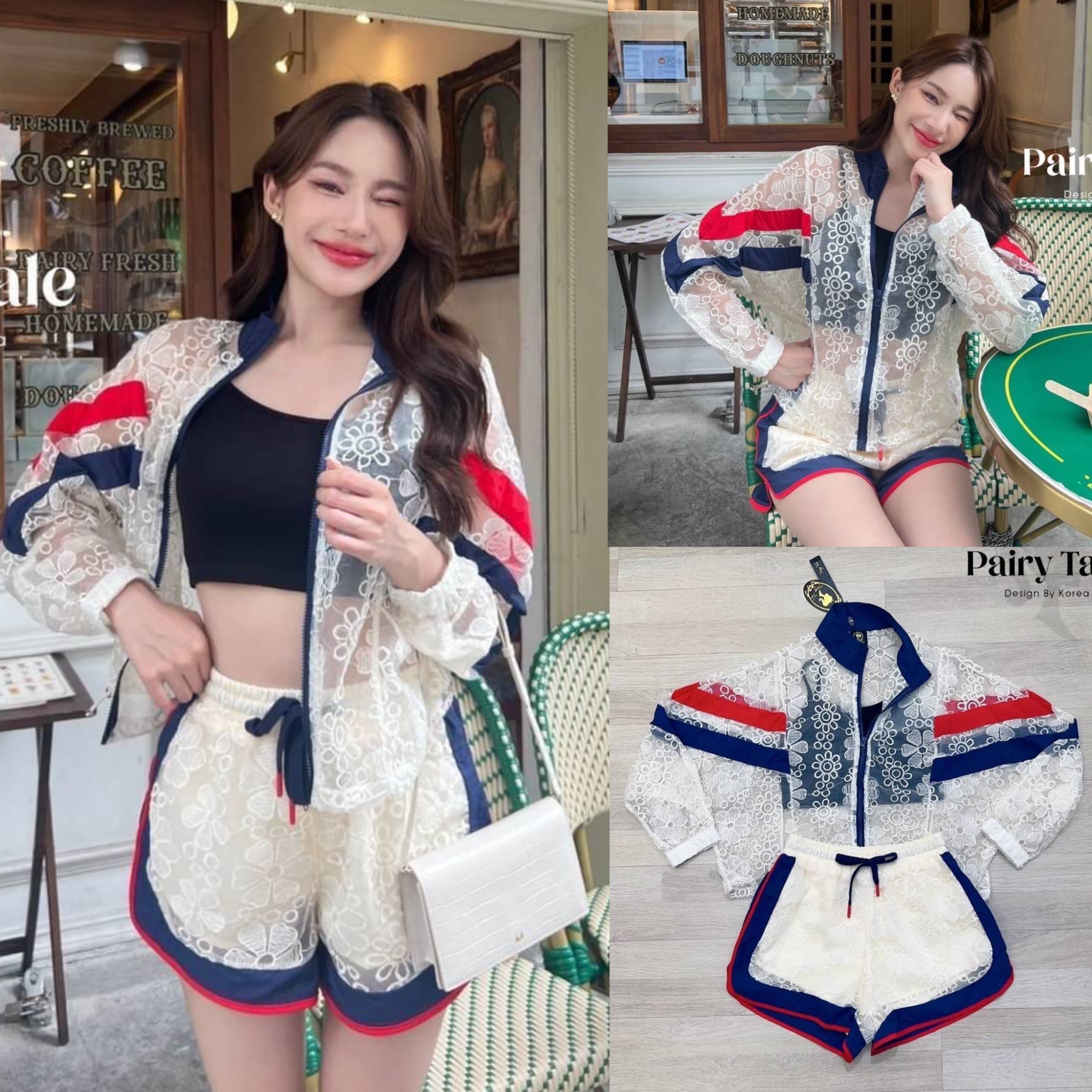 Set แจ็กเก็ตแขนยาวใช้ผ้าลูกไม้สีครีมแต่งแถบกรมแดง สายเดี่ยวสีดำตัวในแมตให้ด้วย แมตกางเกงเอวจั้มขาสั้น งานสวยมากก สินค้าคุณภาพ (พร้อมส่ง)