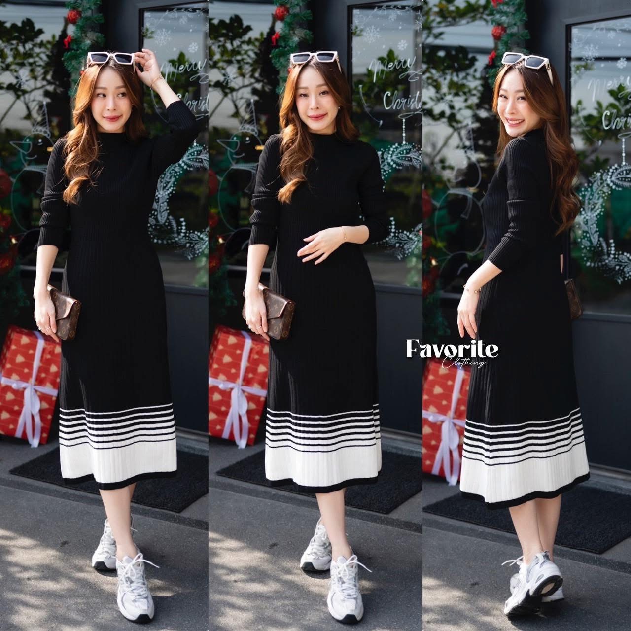 เดรสไหมพรมแขนยาวคอปิด ดีเทลทอลาย ช่วงชายกระโปรง งานไหมพรมผ้าร่องเนื้อดี ใส่สบายมาก ใส่สบาย : สินค้าคุณภาพ (พร้อมส่ง)