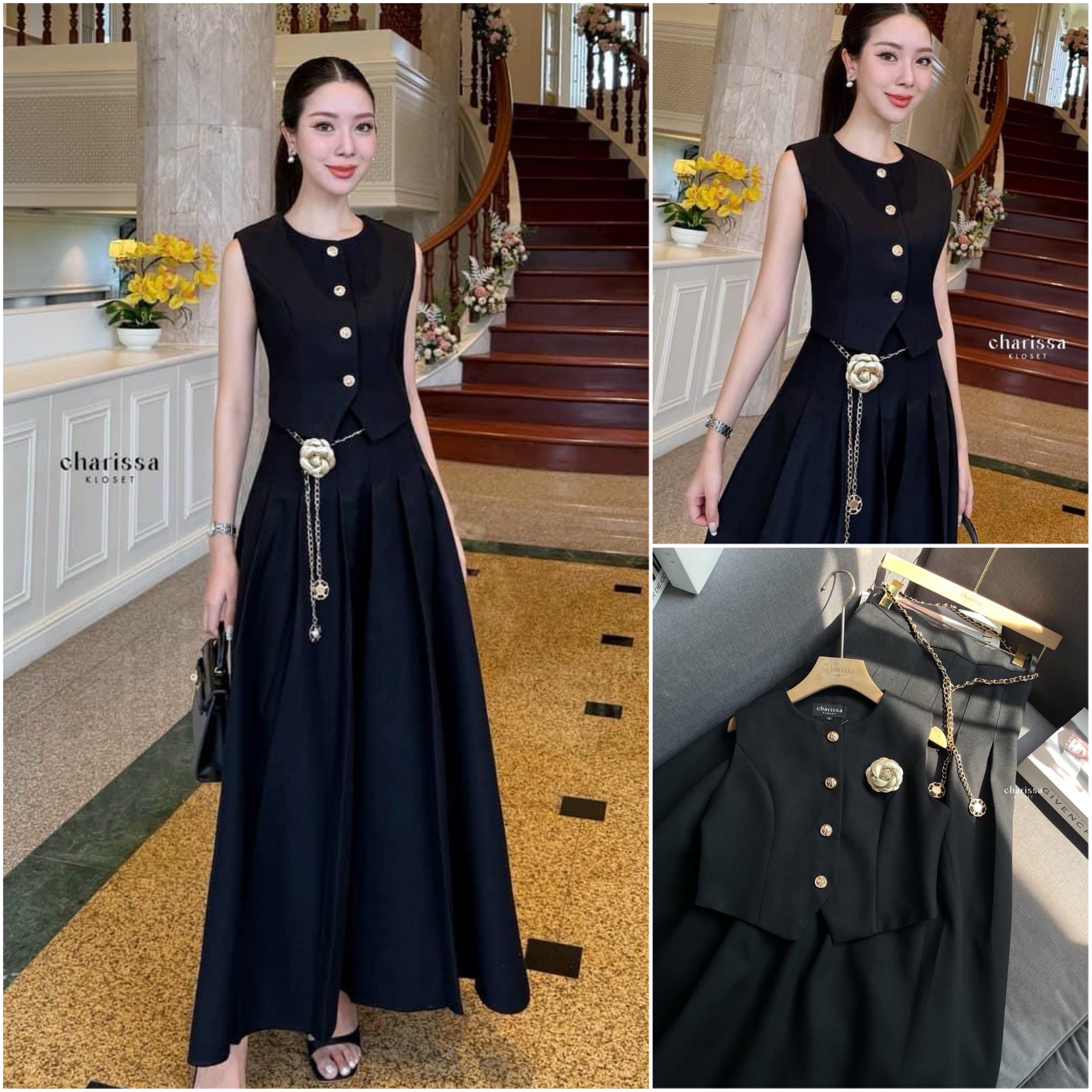 เซ็ท 4 ชิ้น เสื้อ Vest+กระโปรงยาว+เข็มขัดโซ่+เข็มกลัดดอกไม้ ใส่สบาย : สินค้าคุณภาพ (พร้อมส่ง)