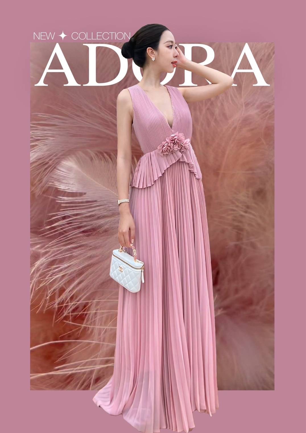 แม๊คซี่เดรสดีไซน์คอวี ตกแต่งอะไหล่ดอกไม้ผ้าด้านหน้า ตัวเดรสใช้เนื้อผ้าชิฟฟอนเกรดพรีเมี่ยมทั้งตัว อัดพลีททั้งตัว ดีไซน์กระโปรงยาว ใส่สบาย : สินค้าคุณภาพ (พร้อมส่ง)