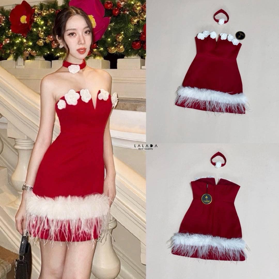 มินิเดรสโซคิ้ว ช่วงอกแต่งเข็มกลัดดอกไม้ ชายกระโปรงแต่งขน อกเสริมฟองน้ำ งานซิปหลัง + โช้คเกอร์ที่คอ ใส่สบาย : สินค้าคุณภาพ (พร้อมส่ง)