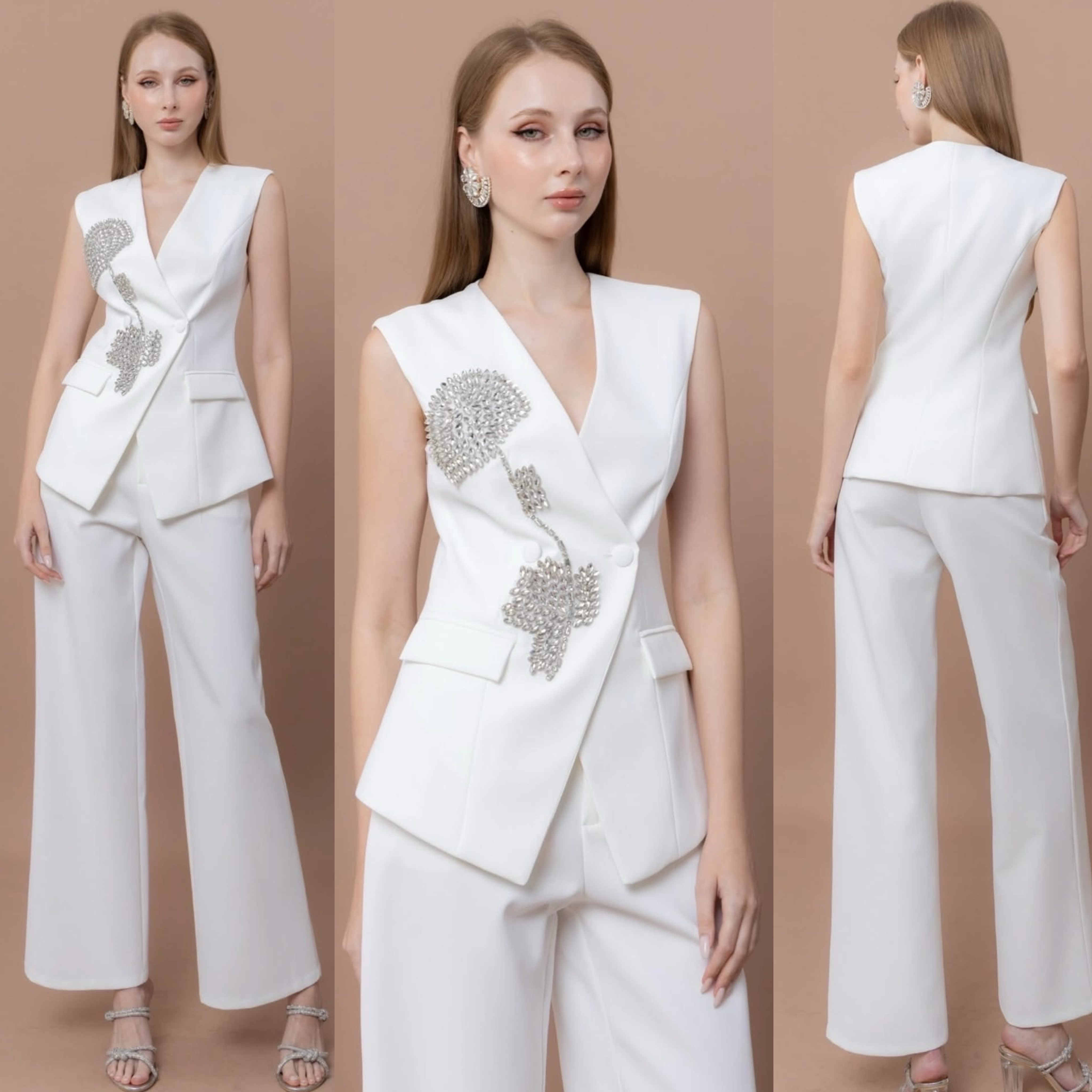 เซตเสื้อแขนกุดปักดอกไม้เพชร+กางเกงทรงสวย เนื้อผ้าเกรดเอ ใส่สบาย : สินค้าคุณภาพ (พร้อมส่ง)