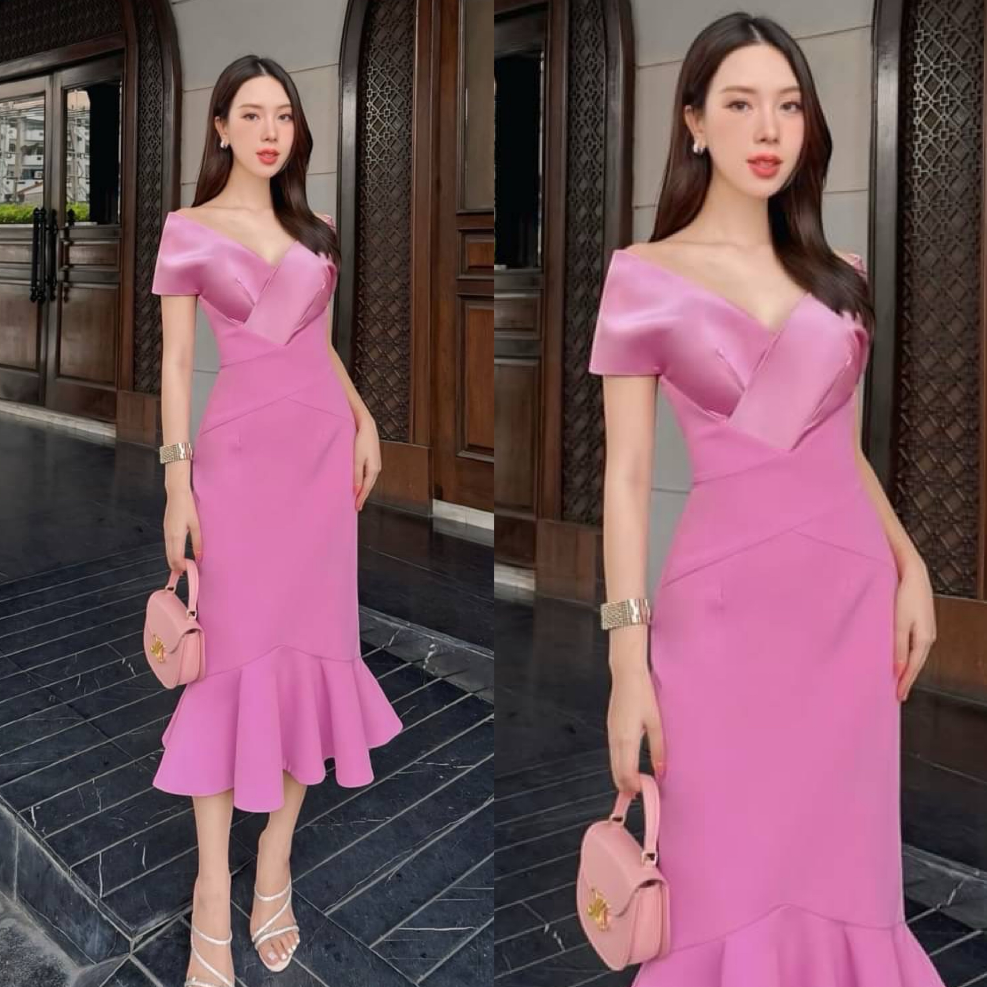เดรสดีไซน์ปาดไหล่คอวี ช่วงอกตัดต่อผ้า เสริมฟองน้ำ ตัวเดรสใช้เนื้อผ้าเกรดพรีเมี่ยมทั้งตัว ดีไซน์กระโปรงทรงสอบแต่งระบายหางปลาปลายเดรส งานมีซับใน ซิปหลัง ใส่สบาย : สินค้าคุณภาพ (พร้อมส่ง)