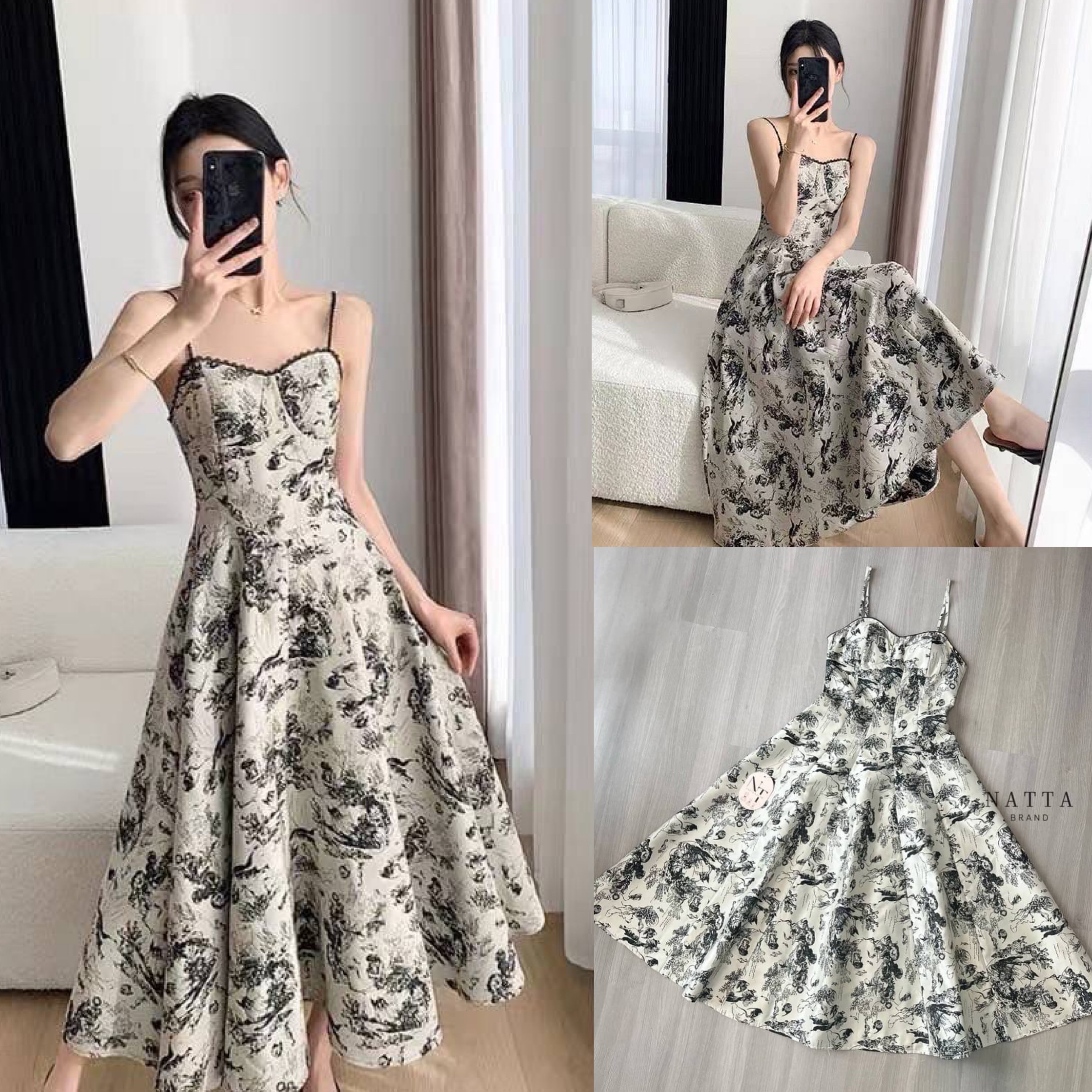 ชุดเดรสยาว งานผ้าทอลายสีดำอย่างดี สายสามารถปรับความยาวได้ เสริมฟองน้ำเพิ่มความเป็นทรงสวย ใส่สบาย สินค้าคุณภาพ (พร้อมส่ง)