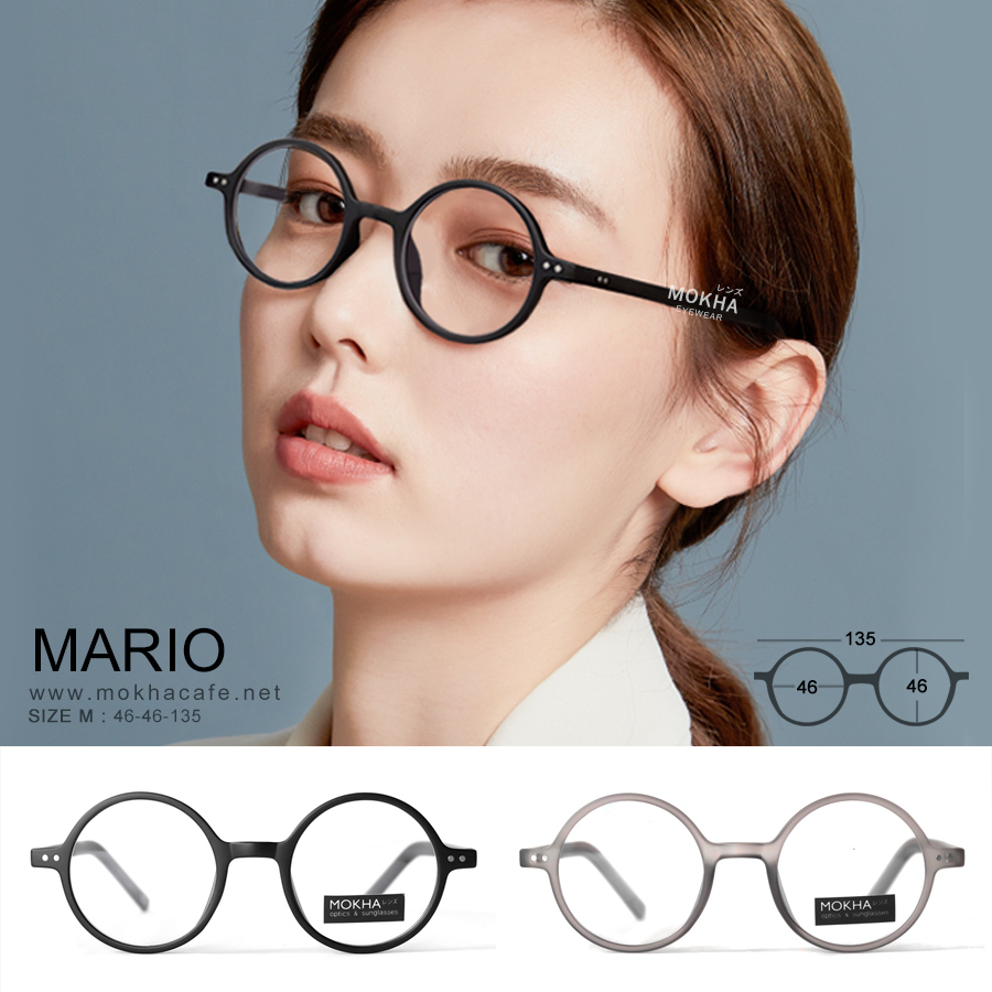 MARIO - black กรอบแว่นตา TR90 แว่นทรงกลม แกนขาโลหะ เหนียวทนทาน กว้าง 135 มม. (sizeM) H46