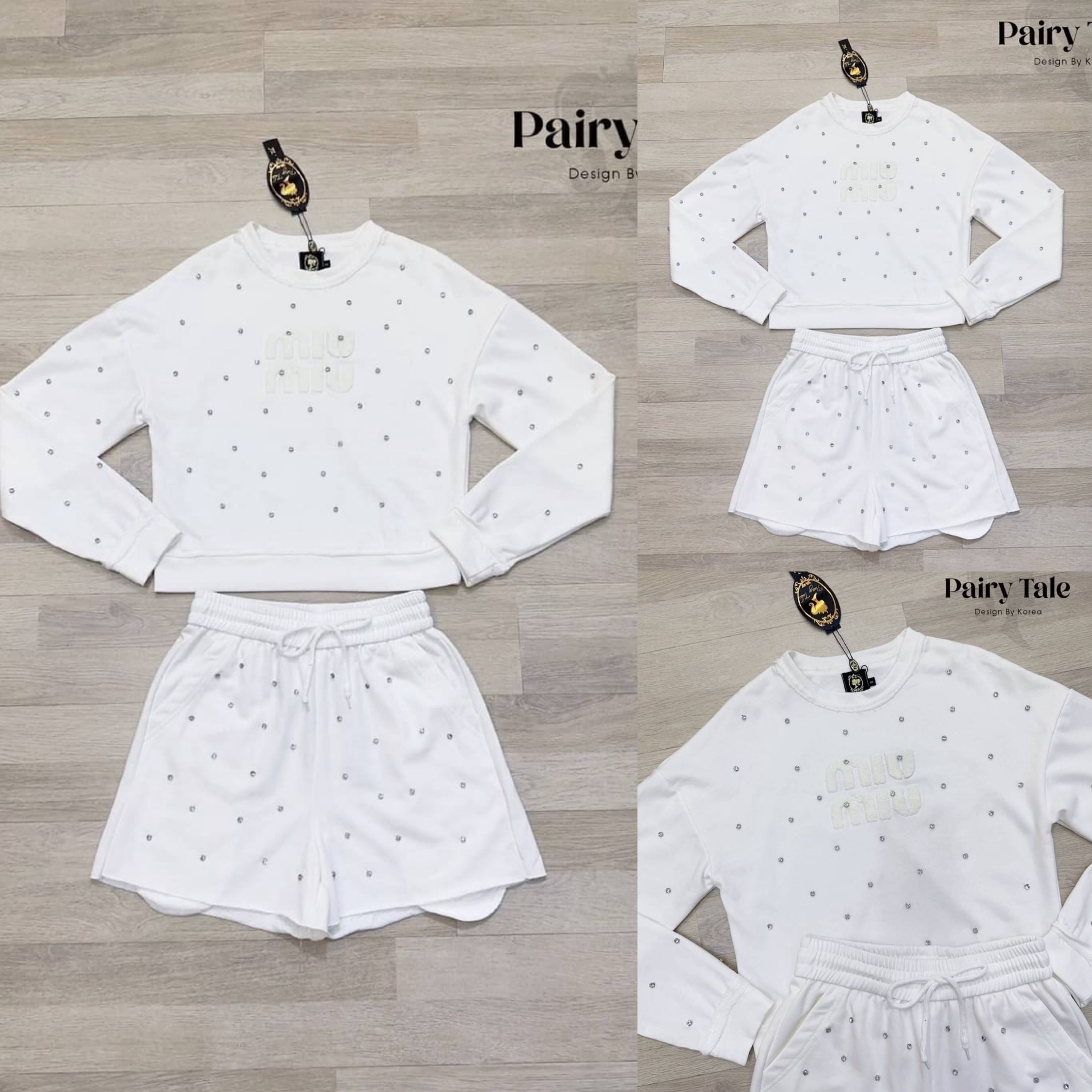 Set เสื้อหนาวแขนยาว แมตกางเกง ขาสั้น ผ้าวอมสีขาวติดเพชรทั้งชุด ติดแบรนด์ Miumiu ขนๆ งานสวยมาก สินค้าคุณภาพ (พร้อมส่ง)