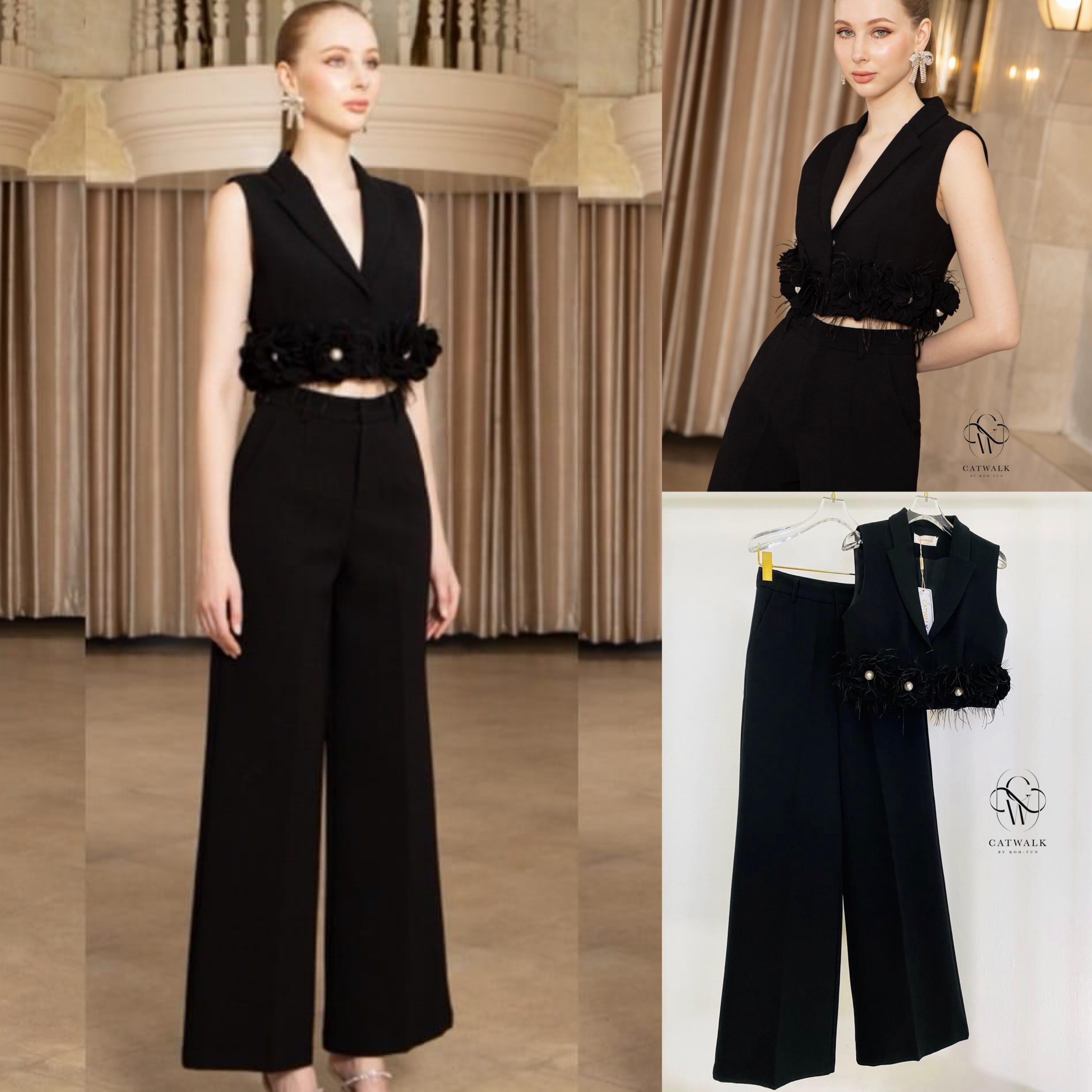 เซตครอปสูทแต่งดอกไม้ขนนกประดับมุก +กางเกงขายาว เอวสูง ทรงสวย เนื้อผ้าเกรดเอ ใส่สบาย สินค้าคุณภาพ (พร้อมส่ง)